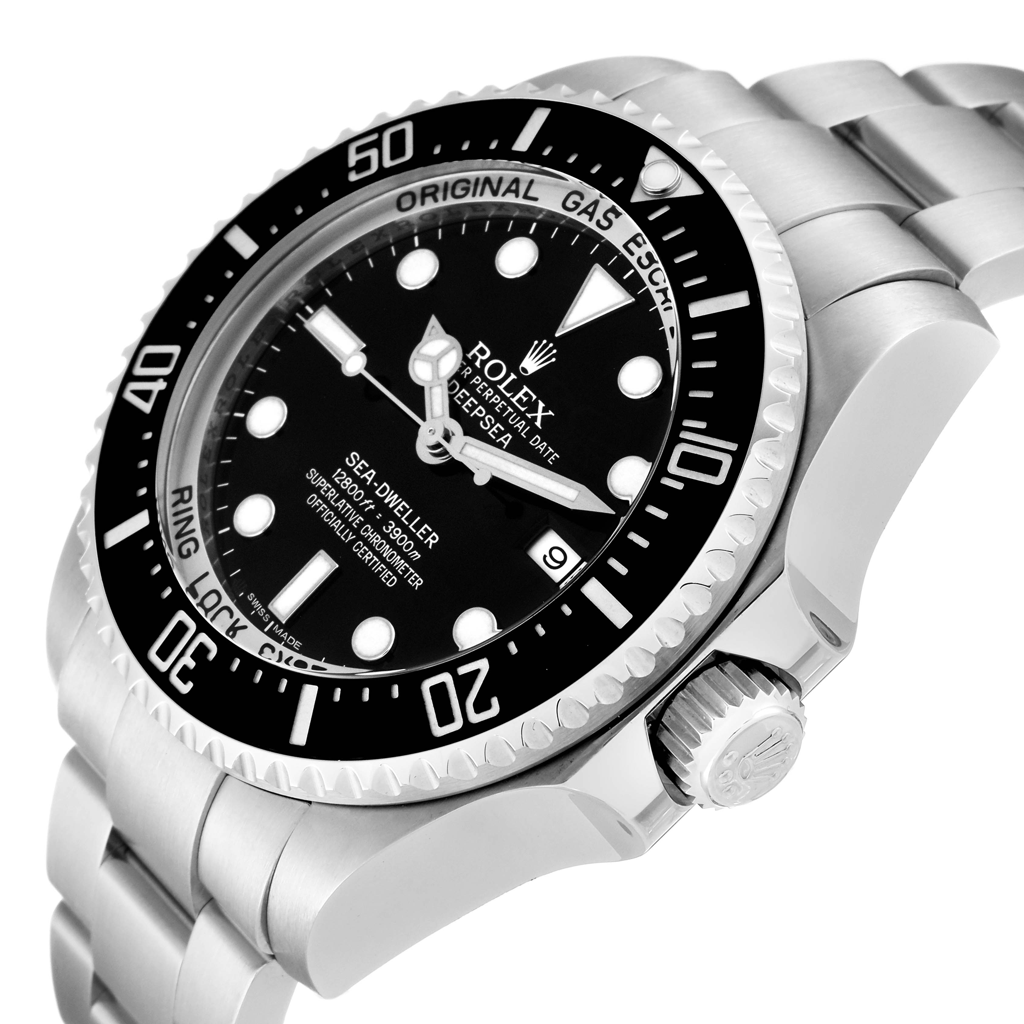 This image shows a Rolex Sea-Dweller 116660 Men
s Stainless Steel Black Dial 116660 Men
s Stainless Steel Black Dial watch from an angled perspective, highlighting the dial, bezel, crown, and part of the bracelet.