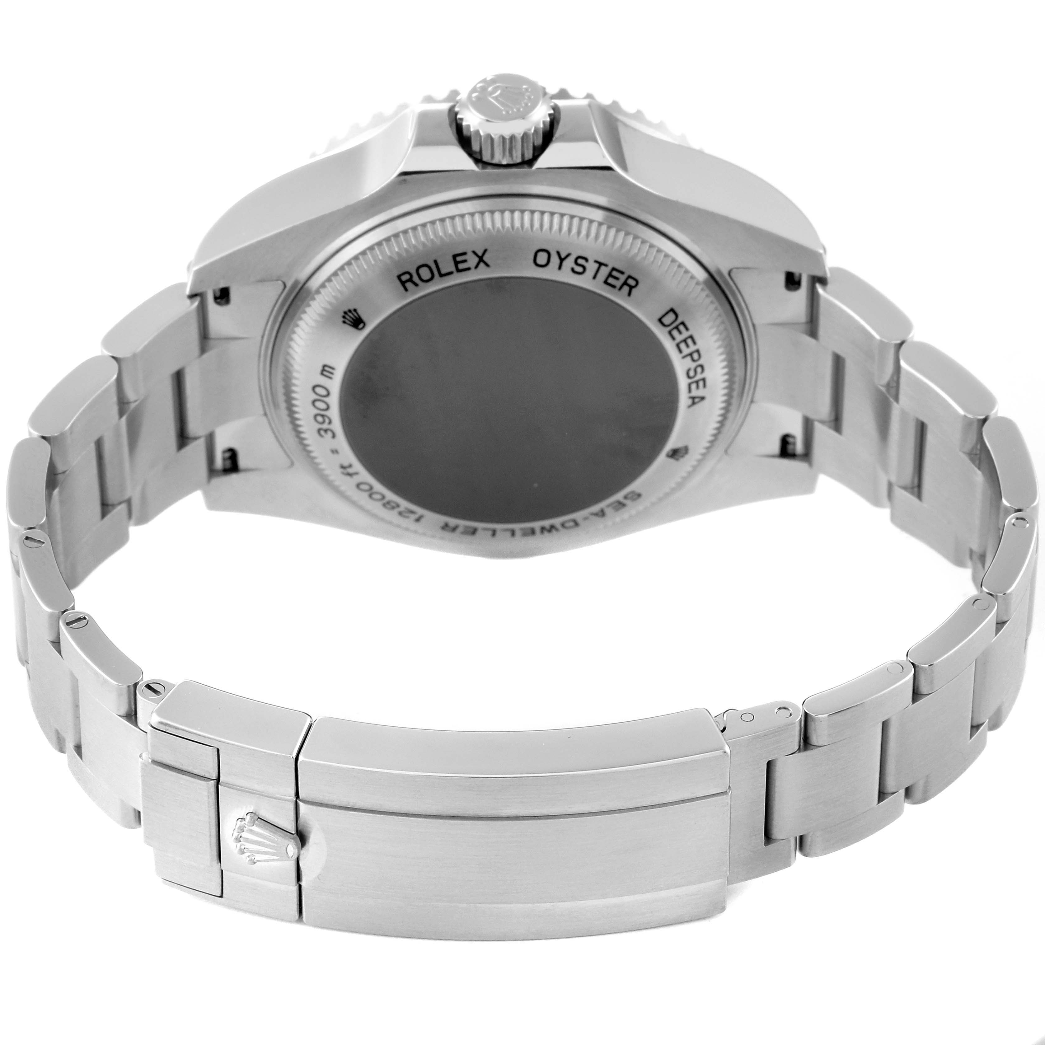 This image shows the back view of the Rolex Sea-Dweller 116660 Men
s Stainless Steel Black Dial 116660 Men
s Stainless Steel Black Dial watch, highlighting the case back and the stainless steel bracelet with clasp.