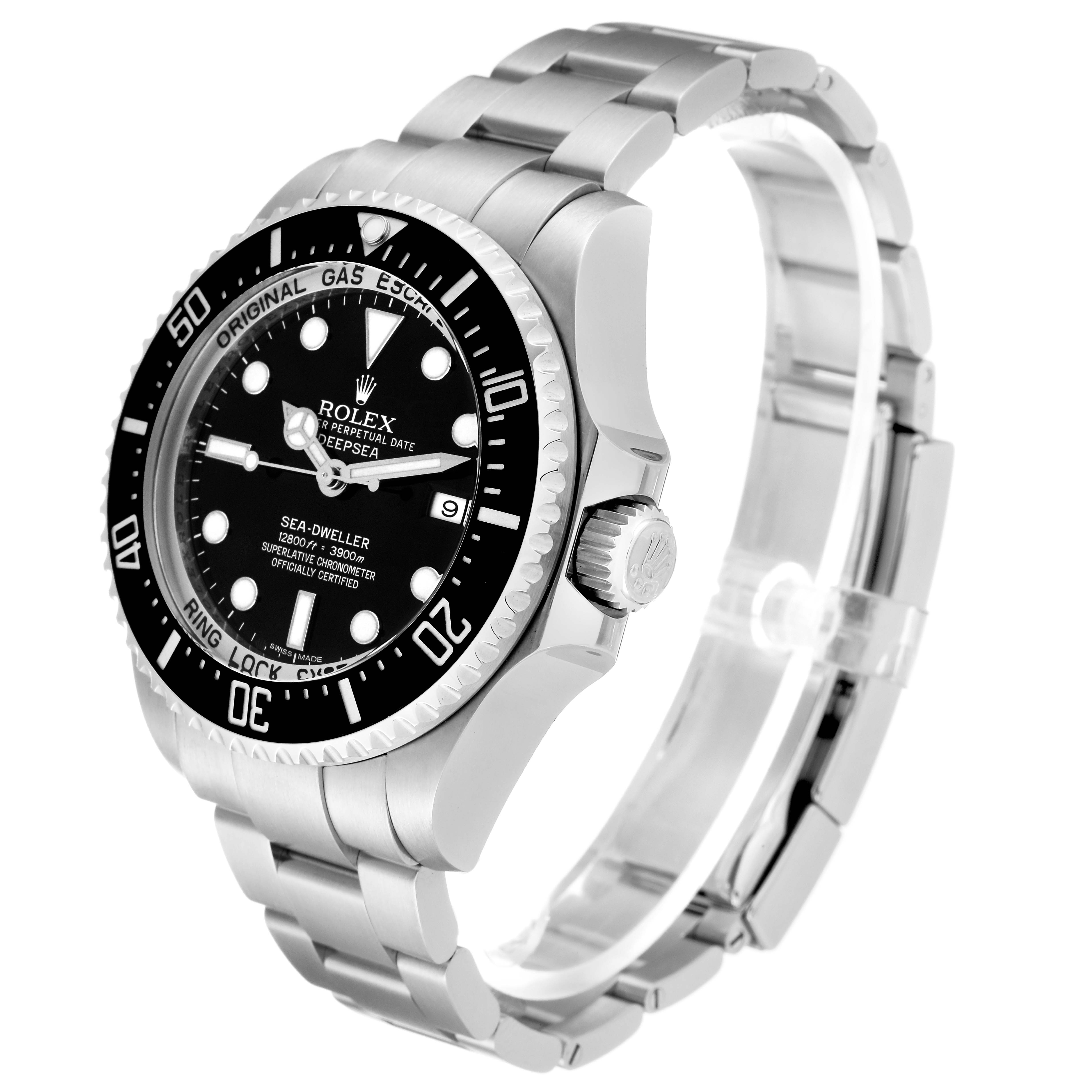 The image shows a side angle of the Rolex Sea-Dweller 116660 Men
s Stainless Steel Black Dial 116660 Men
s Stainless Steel Black Dial watch, highlighting the dial, bezel, case, and bracelet.