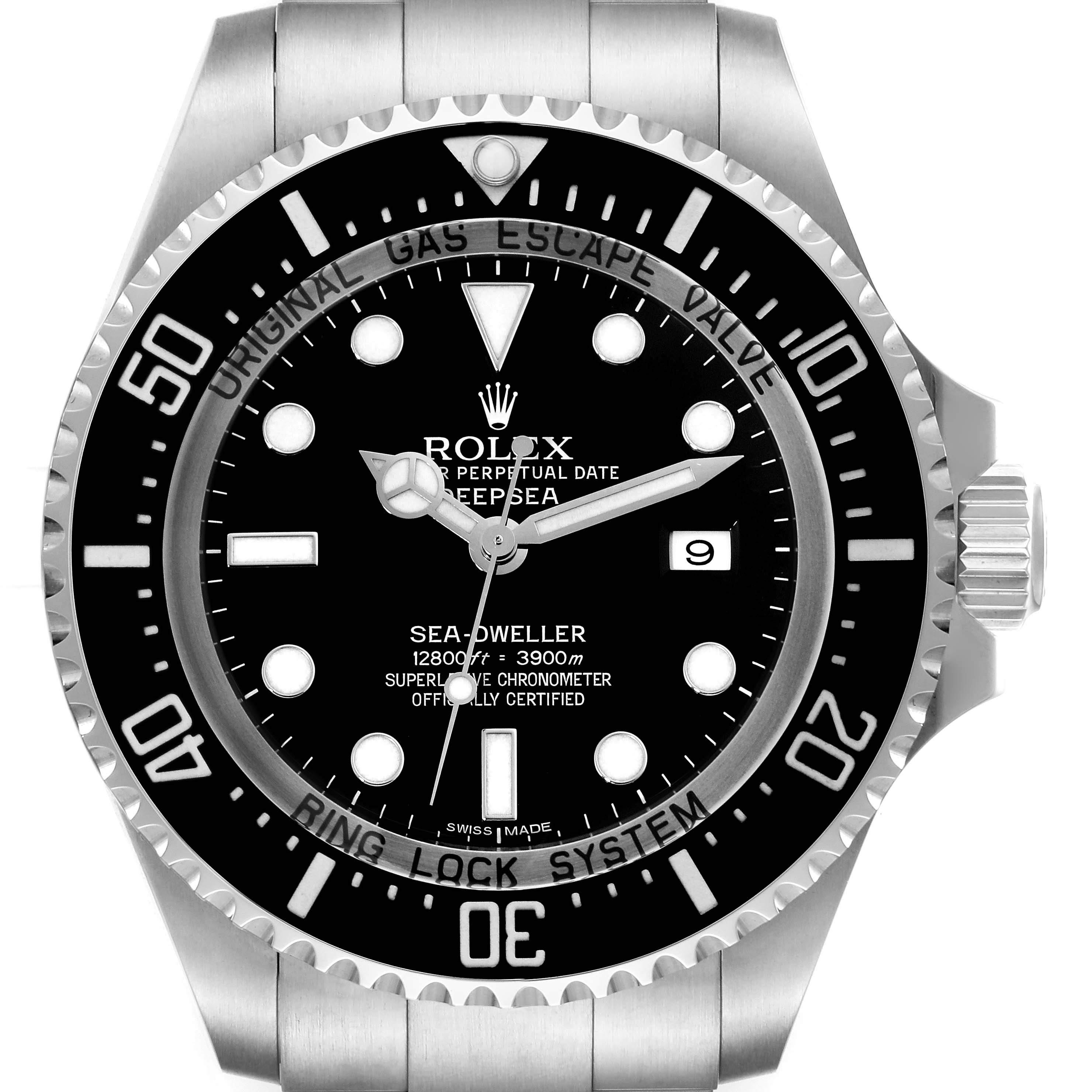 The image shows a front view of the Rolex Sea-Dweller 116660 Men
s Stainless Steel Black Dial 116660 Men
s Stainless Steel Black Dial watch, highlighting the bezel, dial, crown, and part of the bracelet.