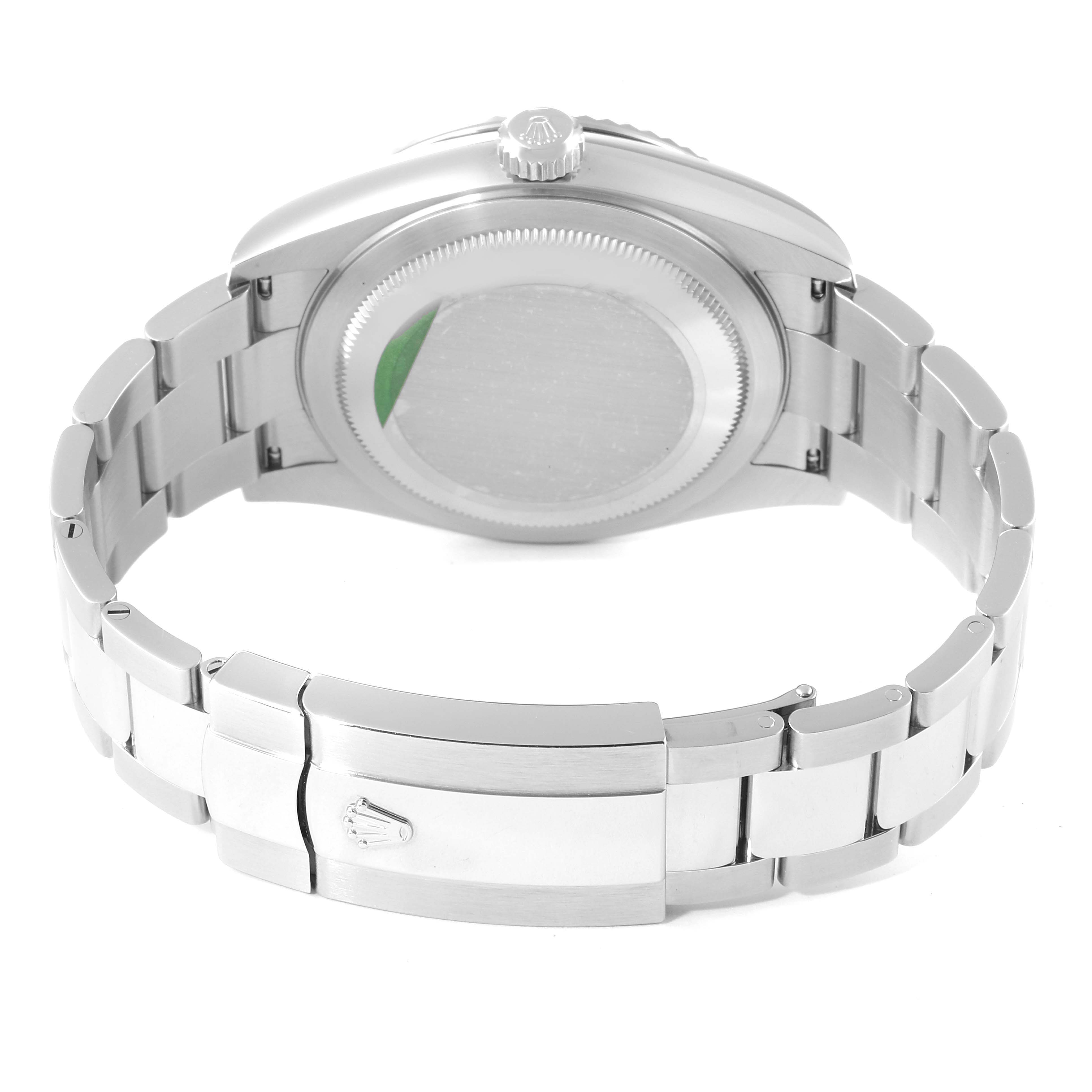 The image shows the back view of a Rolex Sky-Dweller 326934 Men's Stainless Steel Blue Dial 326934 Men's Stainless Steel Blue Dial, highlighting the clasp, bracelet, and case back.