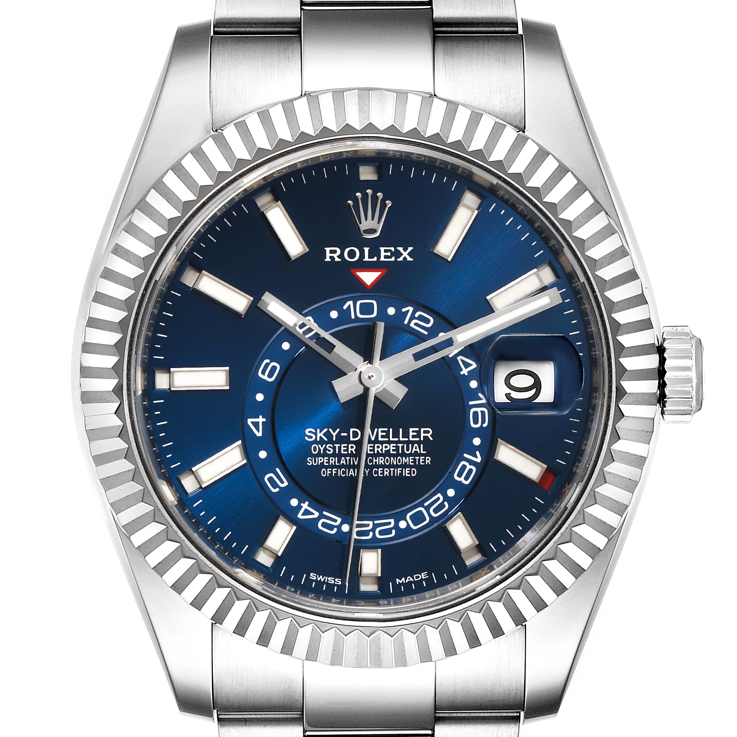 This image shows the front view of a Rolex Sky-Dweller 326934 Men's Stainless Steel Blue Dial 326934 Men's Stainless Steel Blue Dial watch, highlighting its blue dial, bezel, hands, and date display.