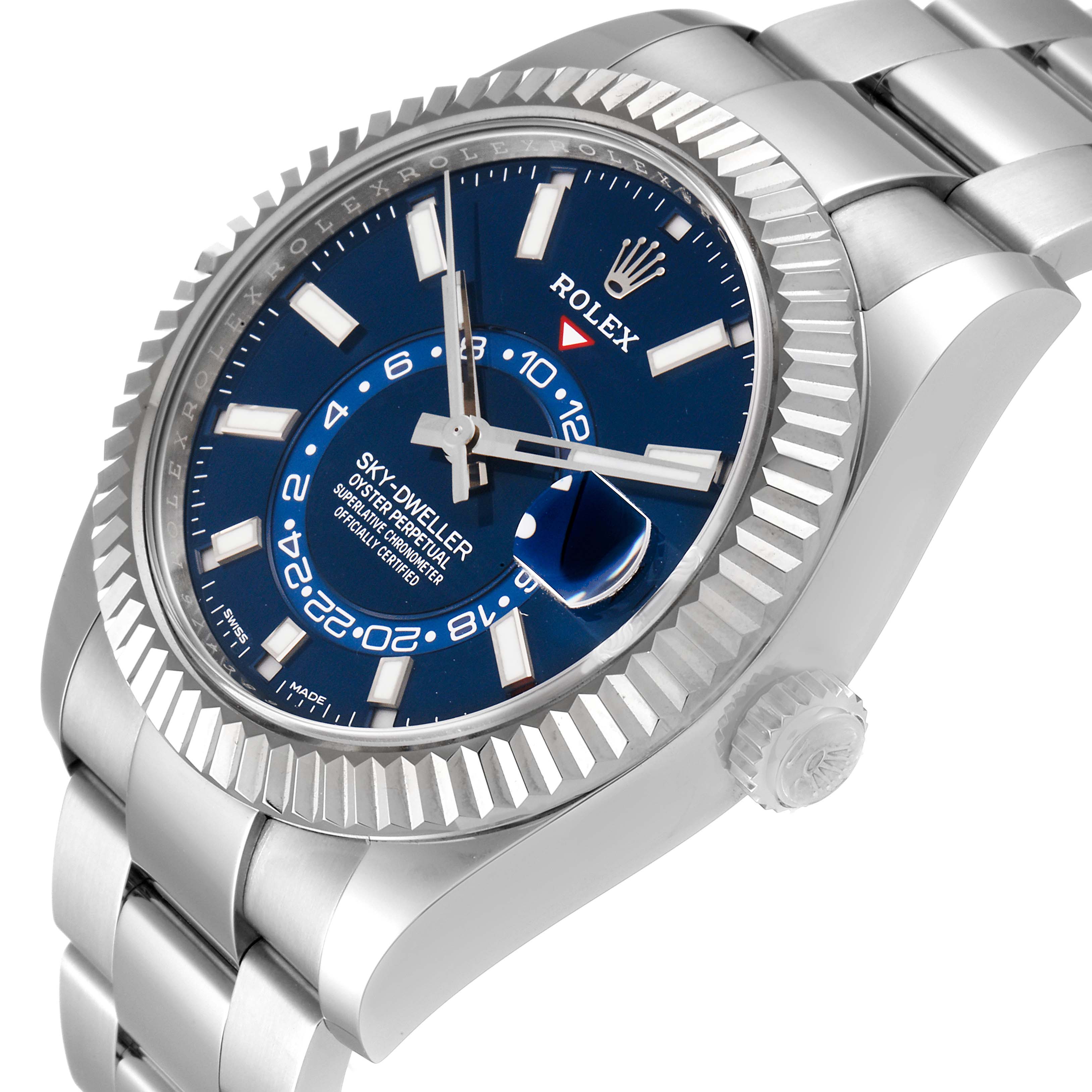 The image shows a side angle of the Rolex Sky-Dweller 326934 Men's Stainless Steel Blue Dial 326934 Men's Stainless Steel Blue Dial watch, displaying the crown, bezel, and bracelet.