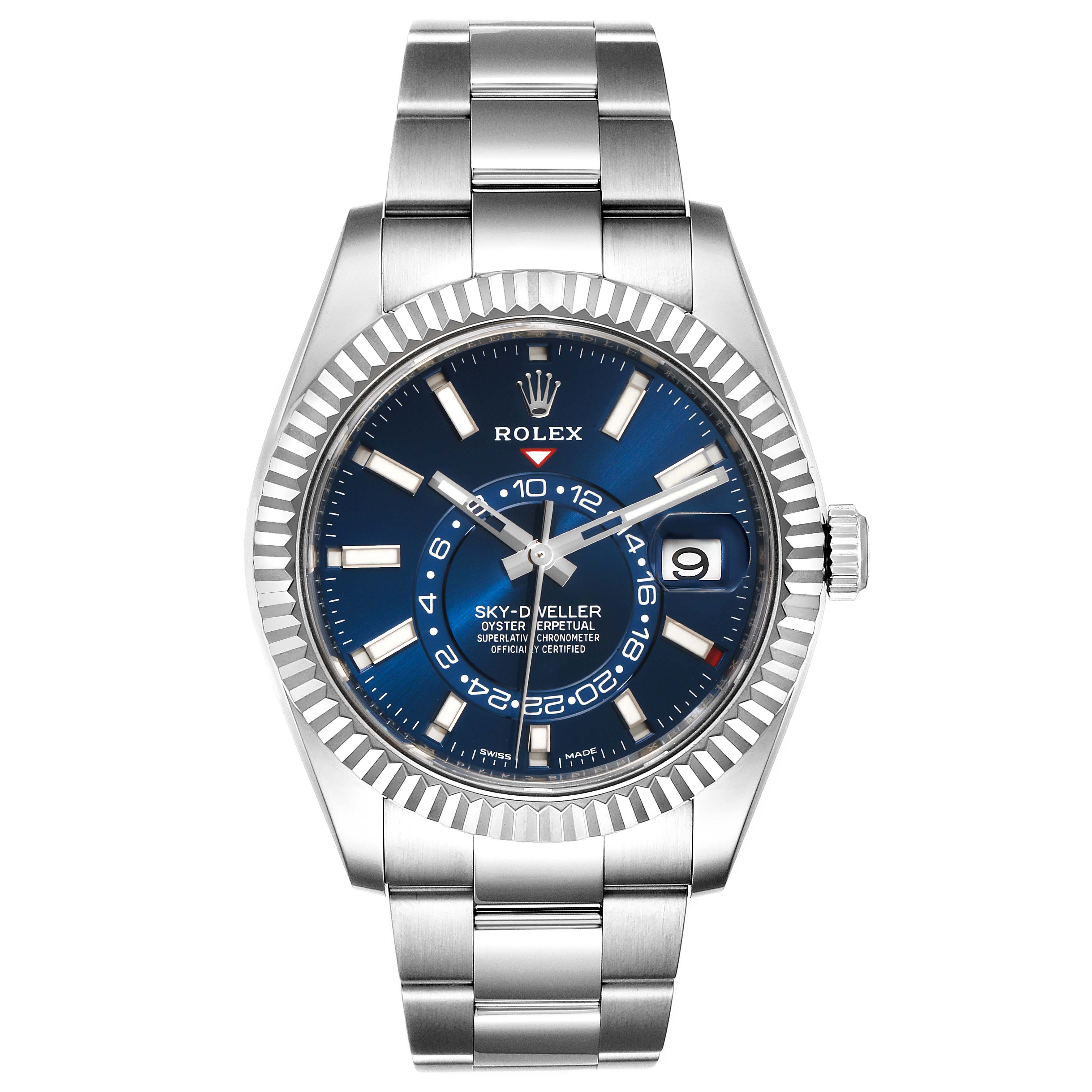 This Rolex Sky-Dweller 326934 Men's Stainless Steel Blue Dial 326934 Men's Stainless Steel Blue Dial watch is shown from a front angle, highlighting the face, bezel, and bracelet.