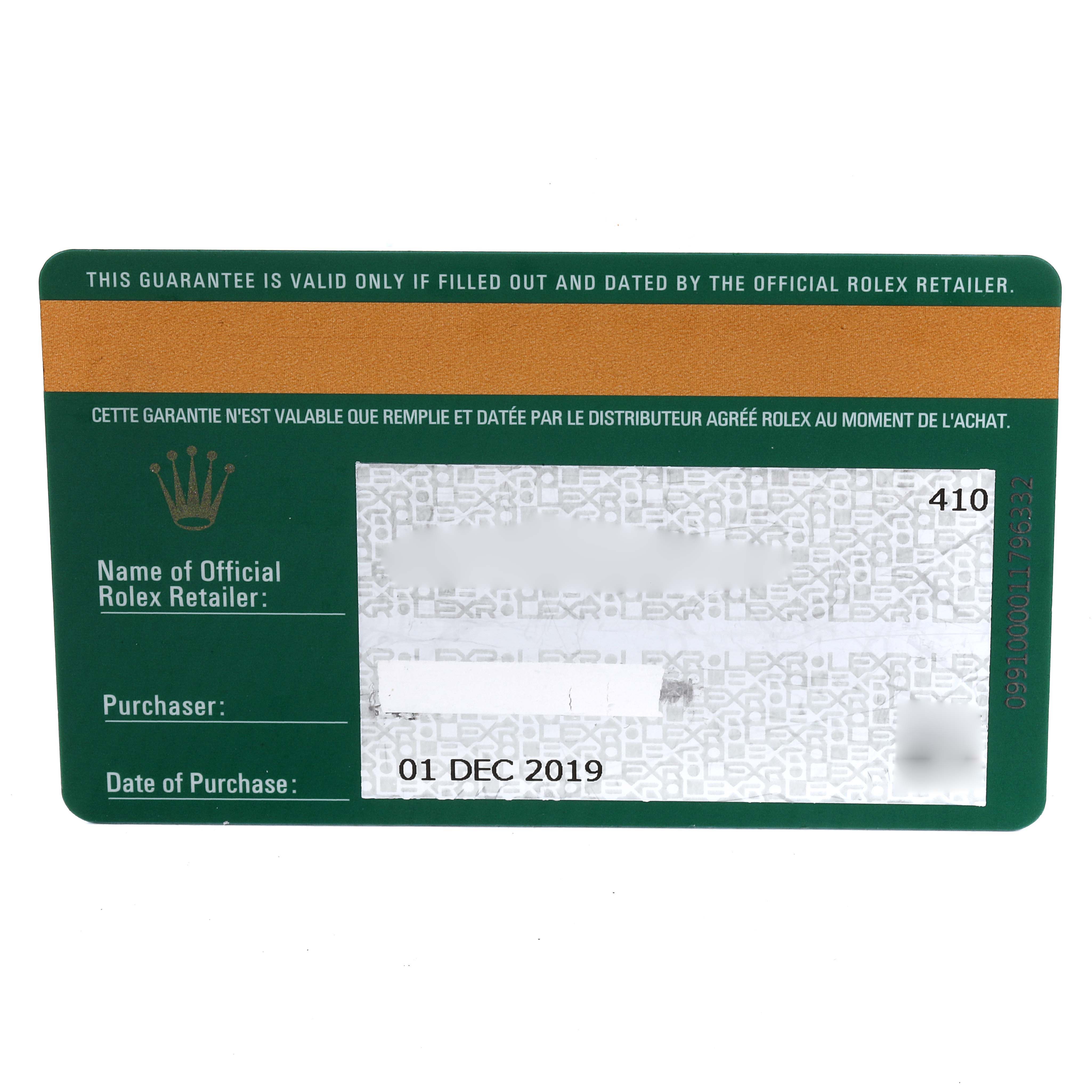 This image shows a Rolex guarantee card for a Sky-Dweller model, with purchase details and official retailer information.