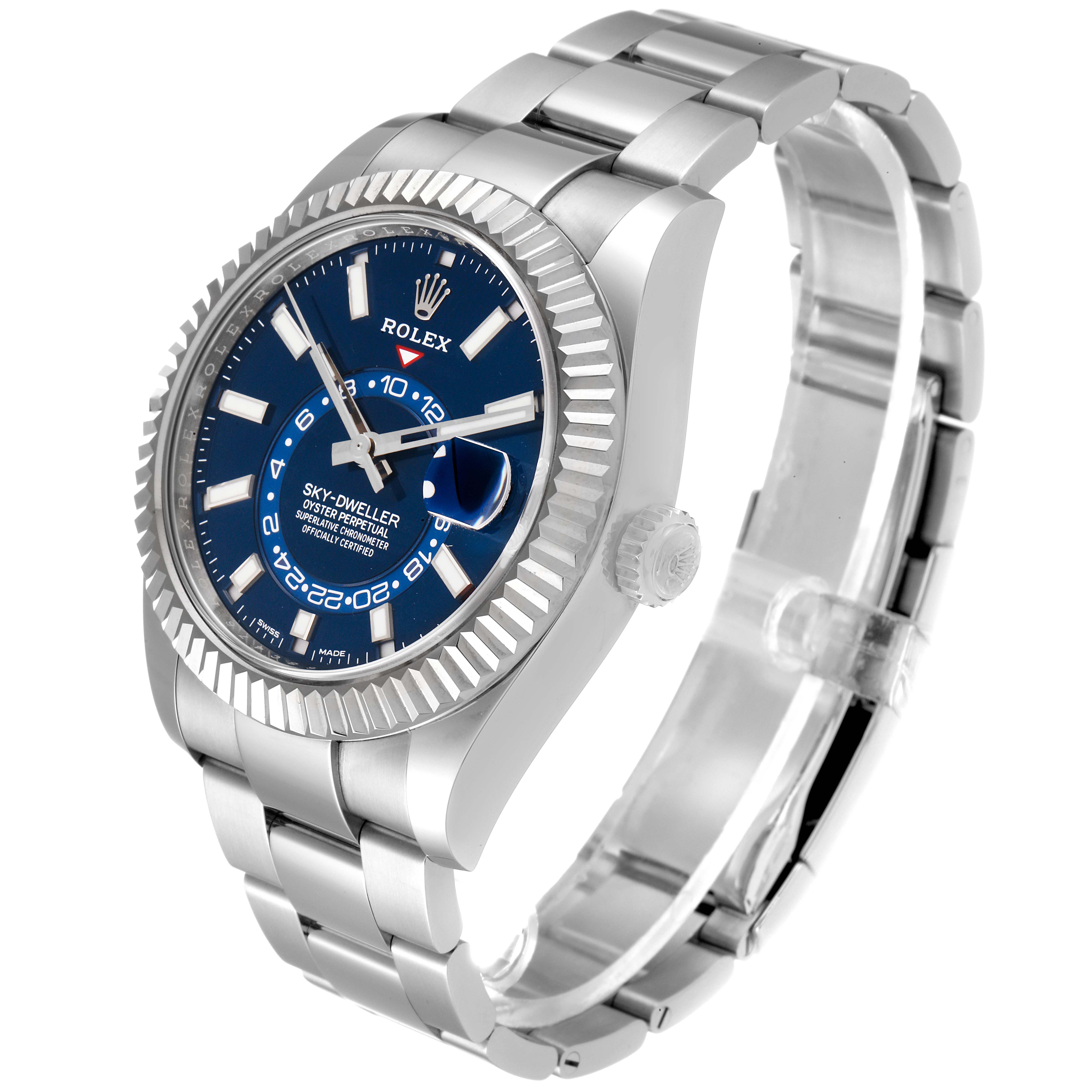The Rolex Sky-Dweller 326934 Men's Stainless Steel Blue Dial 326934 Men's Stainless Steel Blue Dial watch is shown at a three-quarter angle, highlighting its blue dial, fluted bezel, and metal bracelet.