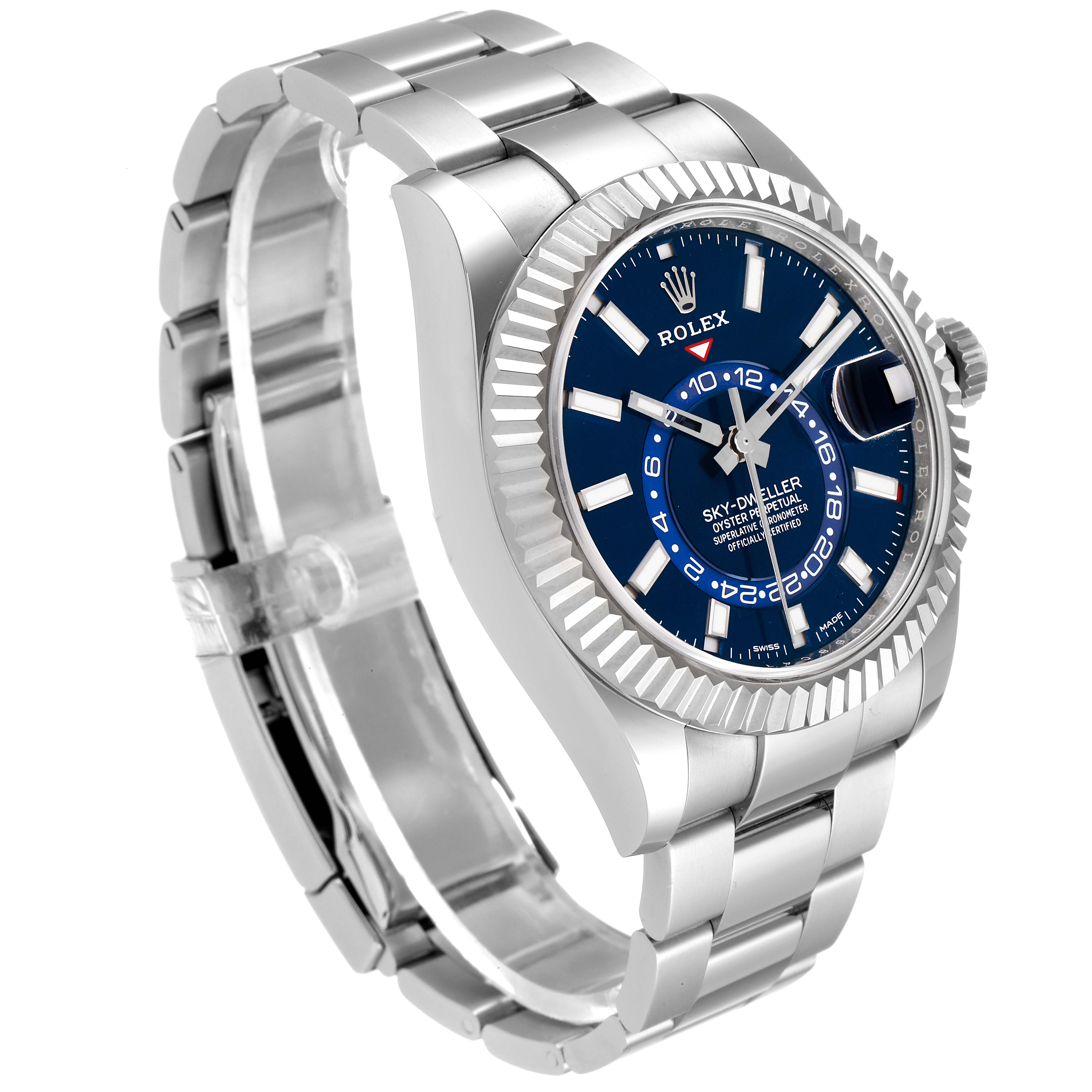 The image shows a Rolex Sky-Dweller 326934 Men's Stainless Steel Blue Dial 326934 Men's Stainless Steel Blue Dial watch at an angle revealing the watch face, bezel, crown, and bracelet.