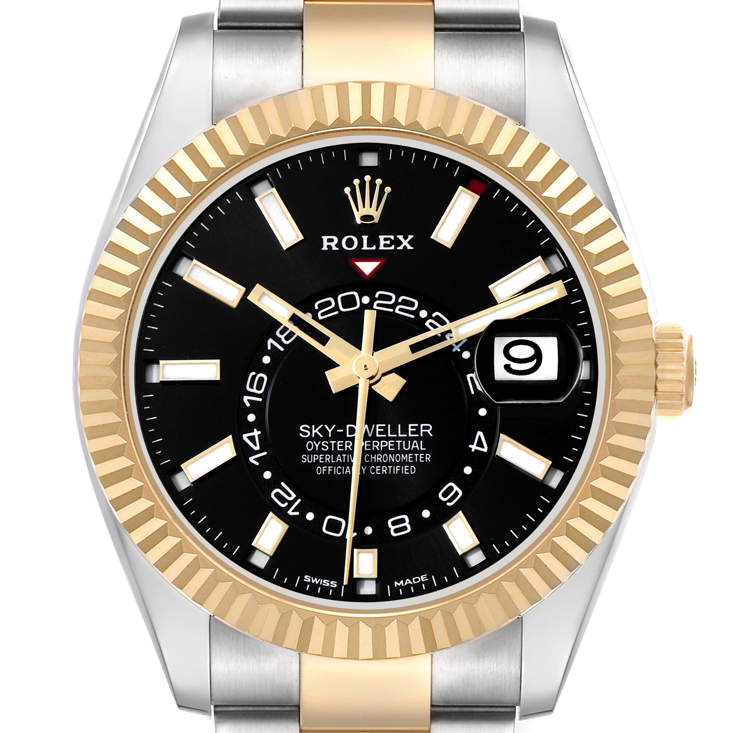 The Rolex Sky-Dweller 326933 Men
s Steel and Gold (two tone) Black Dial is shown from a front angle, featuring a gold and steel bezel, black dial, hands, markers, and date display.