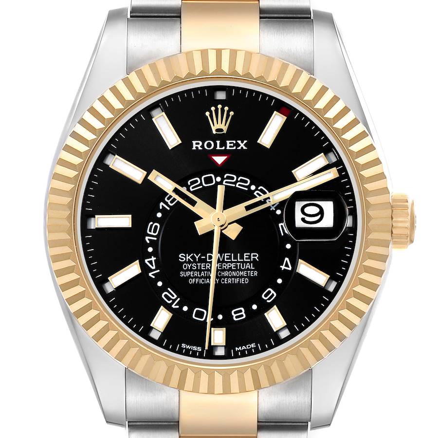 The Rolex Sky-Dweller 326933 Men's Steel and Gold (two tone) Black Dial is shown from a front angle, featuring a gold and steel bezel, black dial, hands, markers, and date display.