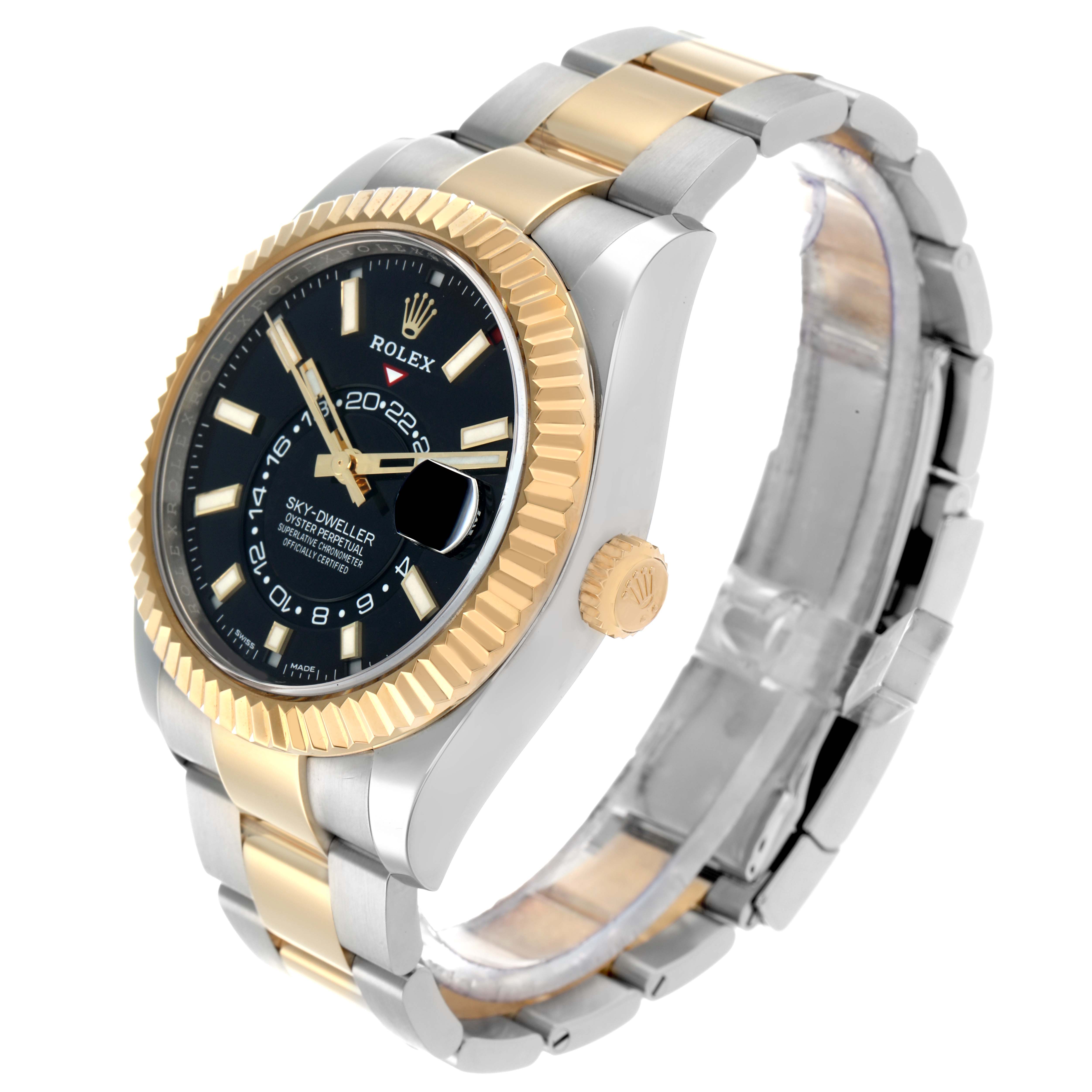 The Rolex Sky-Dweller 326933 Men
s Steel and Gold (two tone) Black Dial is shown at an angle displaying the dial, bezel, crown, and bracelet.