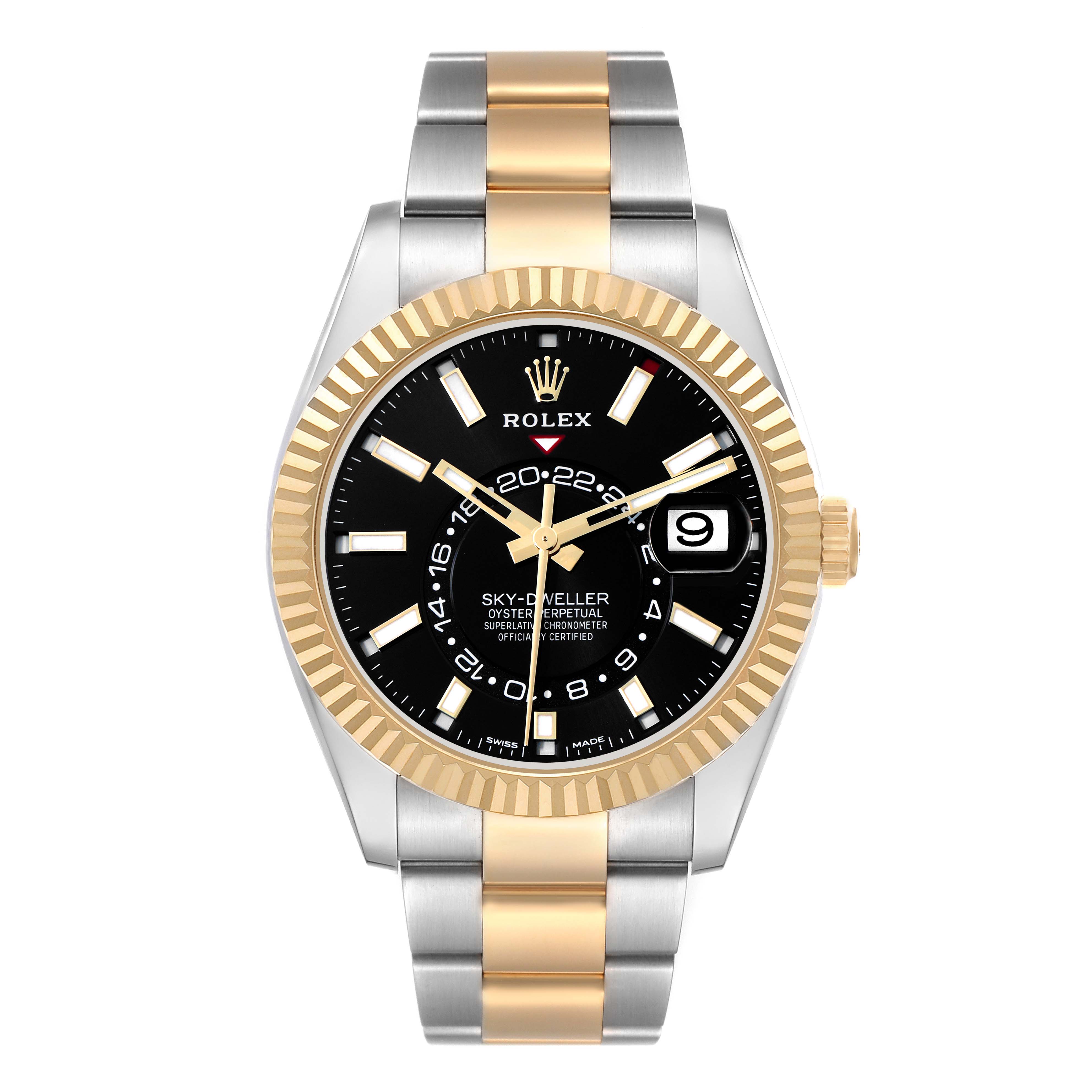 The Rolex Sky-Dweller 326933 Men
s Steel and Gold (two tone) Black Dial watch is shown from the front, highlighting its black dial, two-tone bracelet, and fluted bezel.