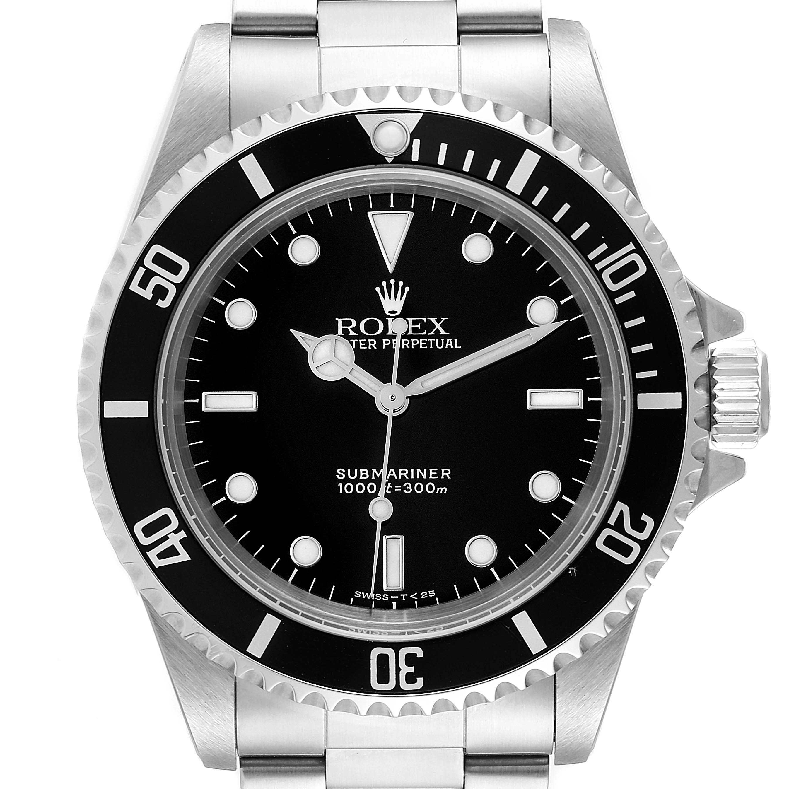 The image shows a front view of a Rolex Submariner 14060 Men
s Stainless Steel Black Dial 14060 Men
s Stainless Steel Black Dial watch, displaying the dial, bezel, and part of the bracelet.