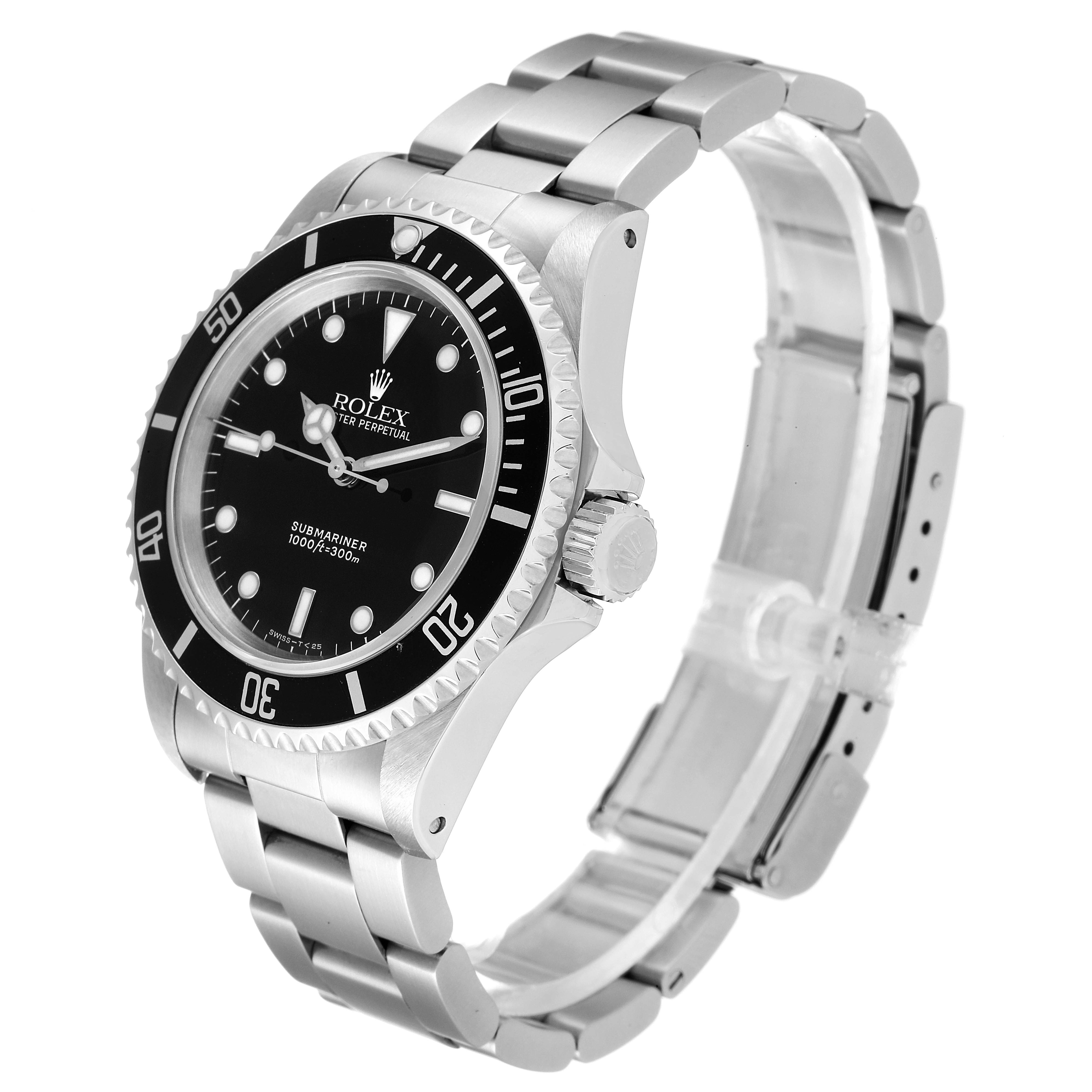 The image shows a Rolex Submariner 14060 Men
s Stainless Steel Black Dial 14060 Men
s Stainless Steel Black Dial watch from an angled perspective, displaying its black dial, rotating bezel, and metal bracelet.