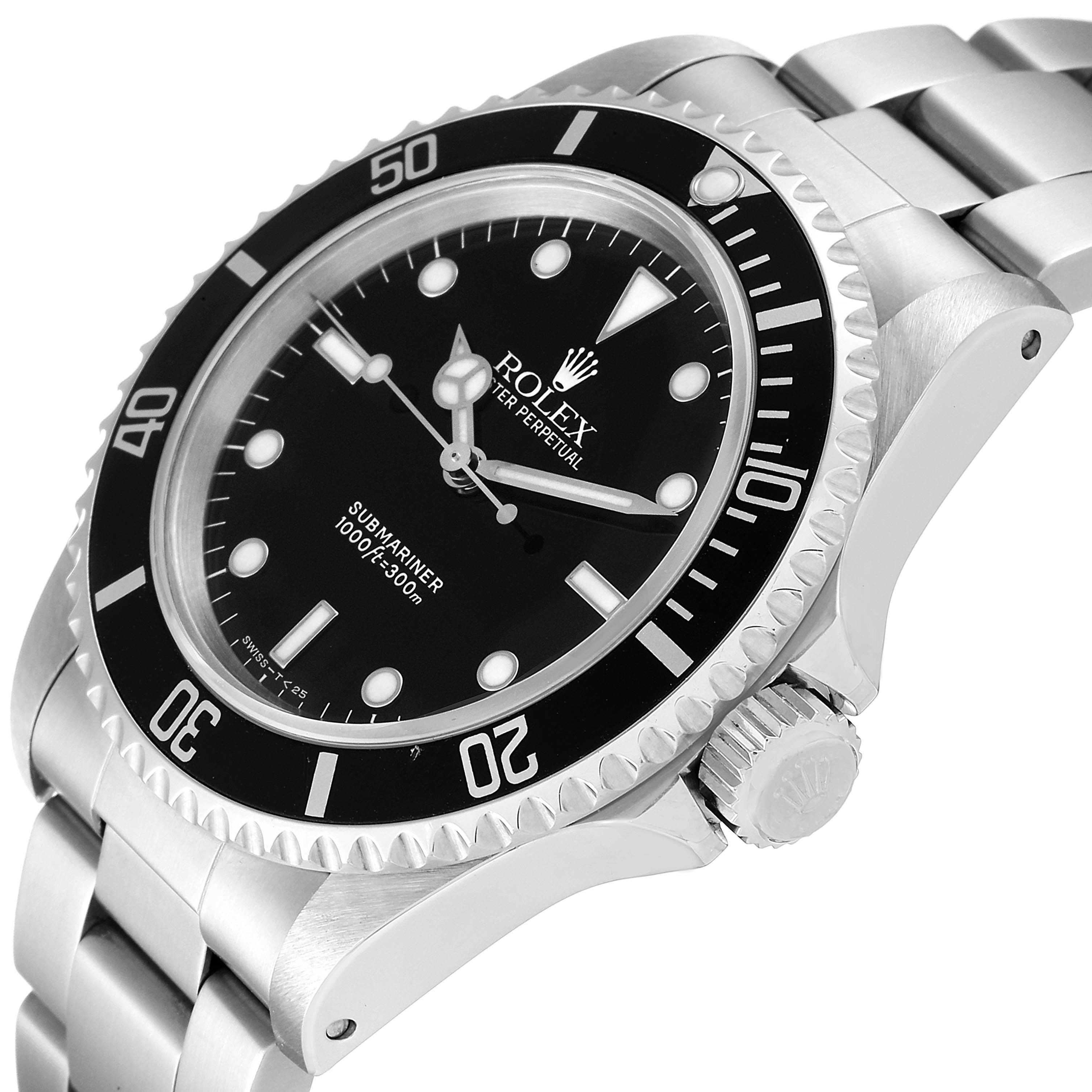 This image shows the Rolex Submariner 14060 Men
s Stainless Steel Black Dial 14060 Men
s Stainless Steel Black Dial watch from an angled view, highlighting the bezel, dial, crown, and part of the bracelet.