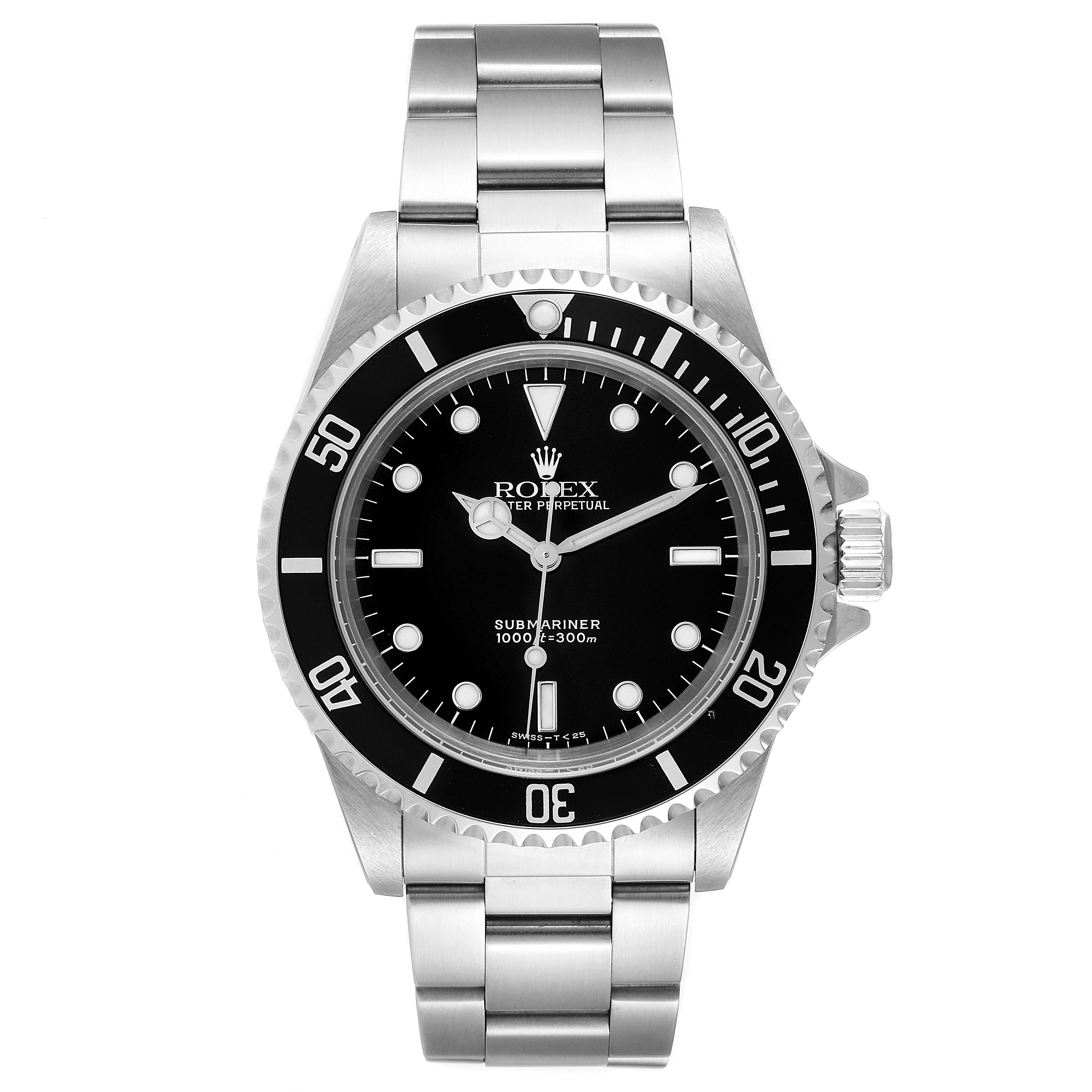The image shows a front view of the Rolex Submariner 14060 Men
s Stainless Steel Black Dial 14060 Men
s Stainless Steel Black Dial watch, displaying its face, bezel, crown, and stainless steel bracelet.
