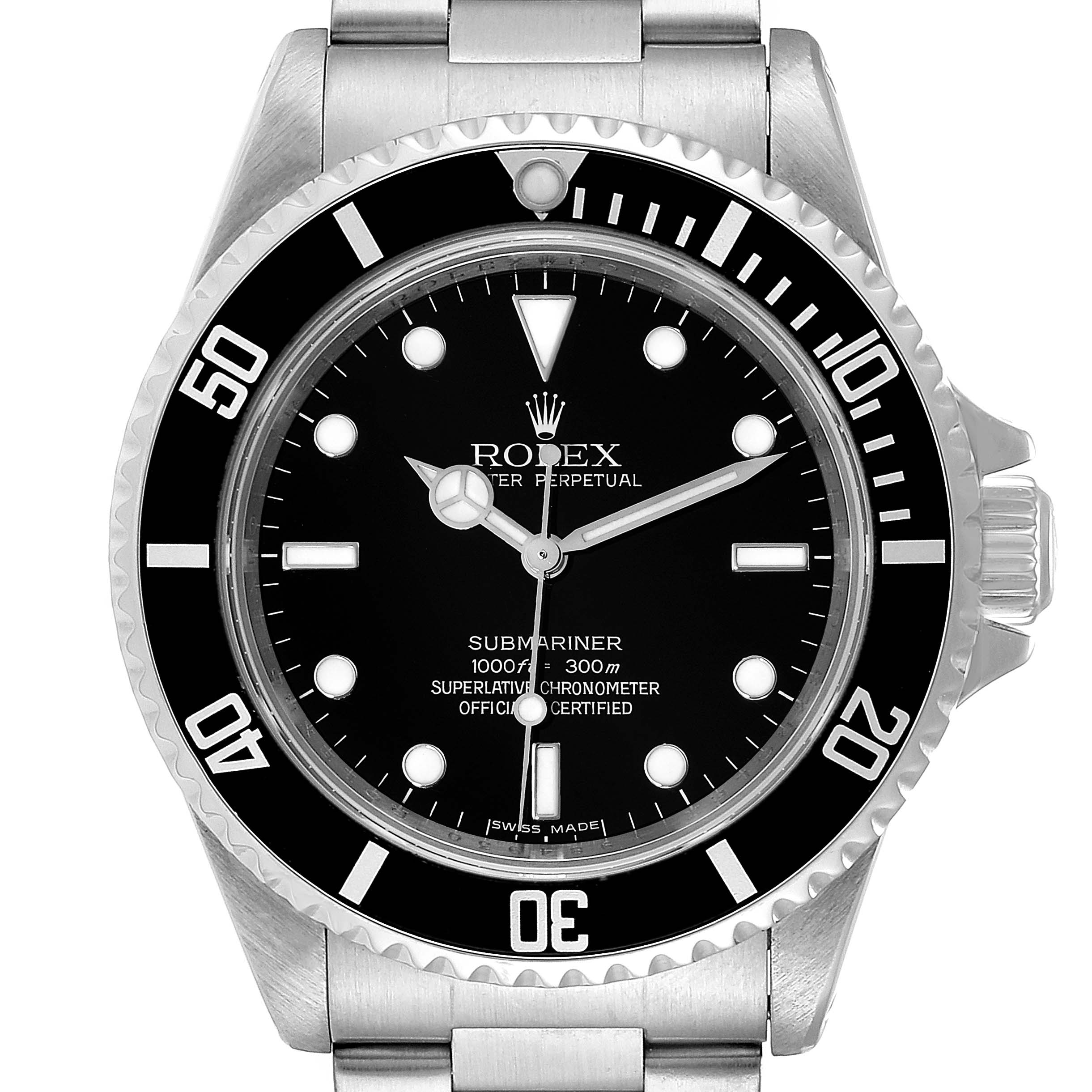 This image shows a front view of the dial, bezel, and part of the bracelet of the Rolex Submariner 14060 Men's Stainless Steel Black Dial 14060 Men's Stainless Steel Black Dial watch.