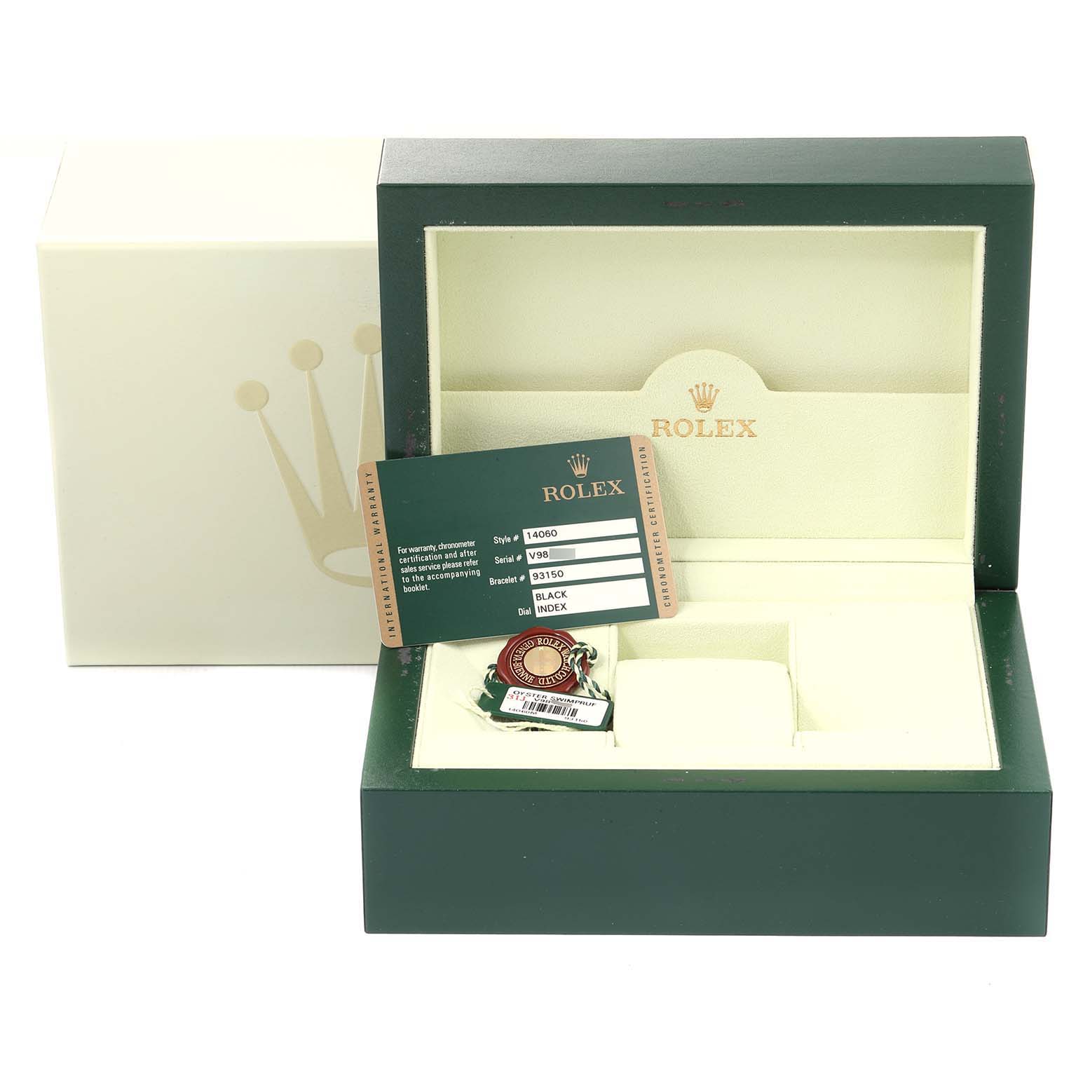 The image shows a green Rolex Submariner 14060 Men's Stainless Steel Black Dial 14060 Men's Stainless Steel Black Dial watch box with an authenticity card and tag.