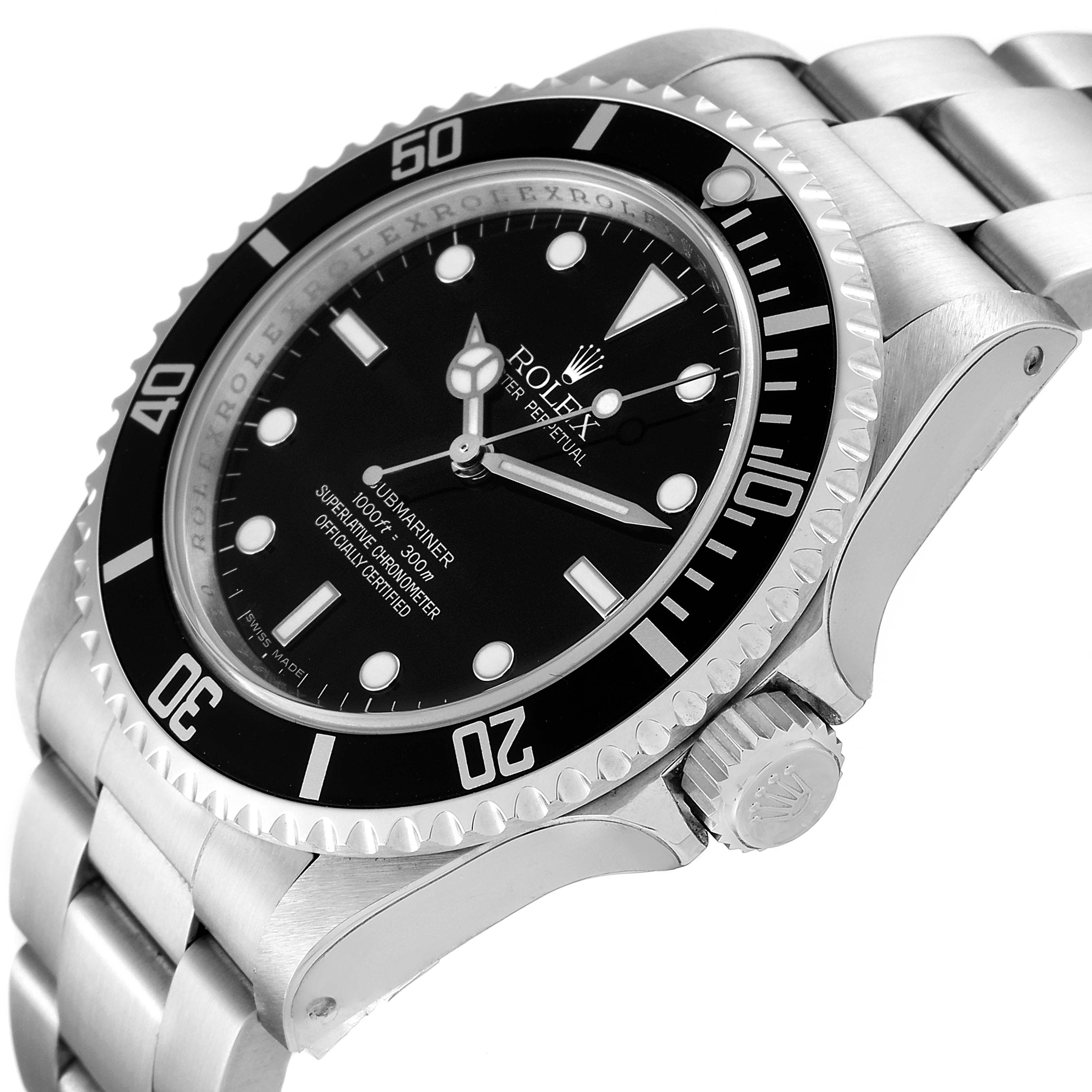 The Rolex Submariner 14060 Men's Stainless Steel Black Dial 14060 Men's Stainless Steel Black Dial watch is shown at a slight angle, highlighting the dial, bezel, crown, and part of the bracelet.