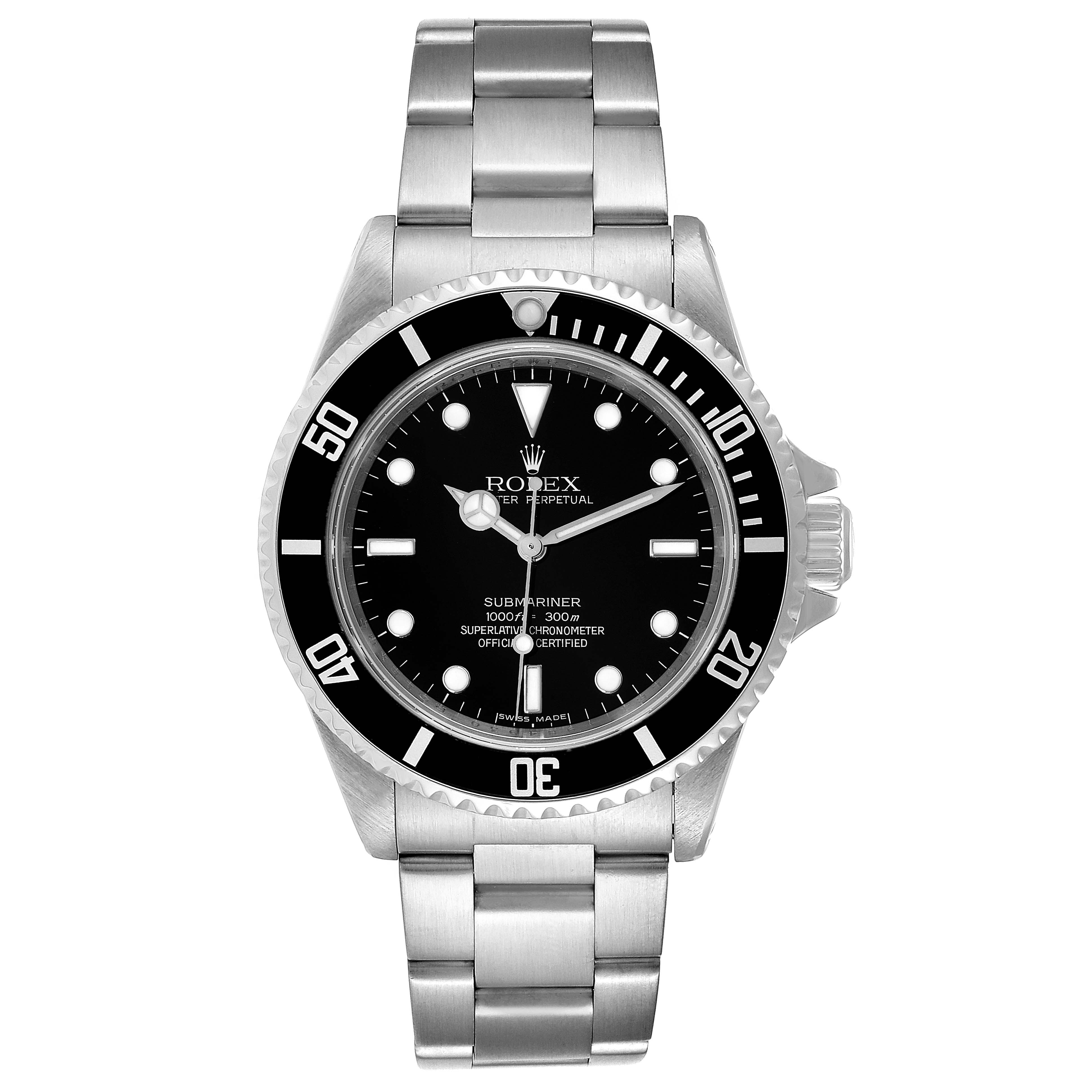 The image shows a front view of a Rolex Submariner 14060 Men's Stainless Steel Black Dial 14060 Men's Stainless Steel Black Dial watch, displaying its dial, bezel, and bracelet.