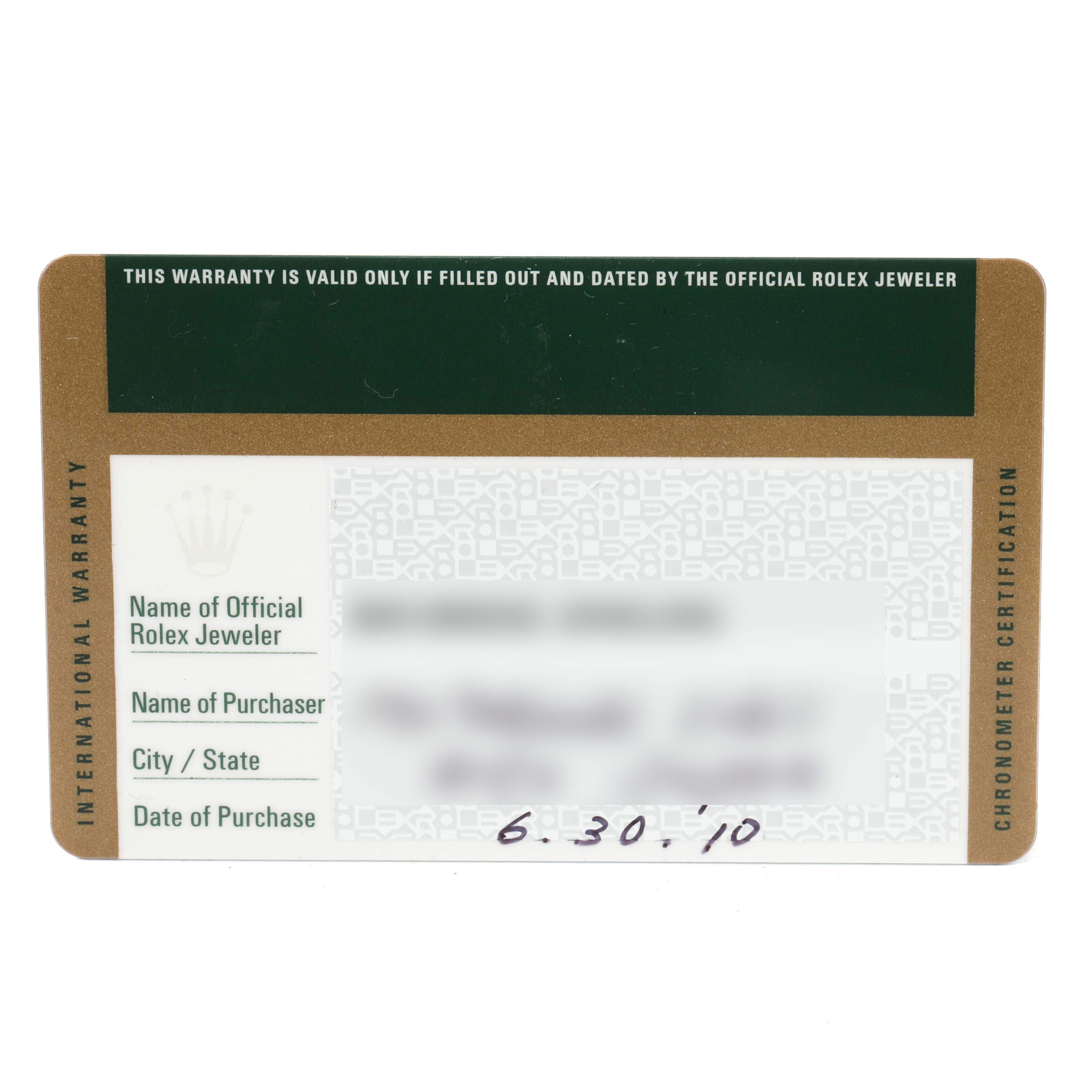 The image shows an International Warranty card for a Rolex Submariner 14060 Men's Stainless Steel Black Dial 14060 Men's Stainless Steel Black Dial, featuring purchase and jeweler details.