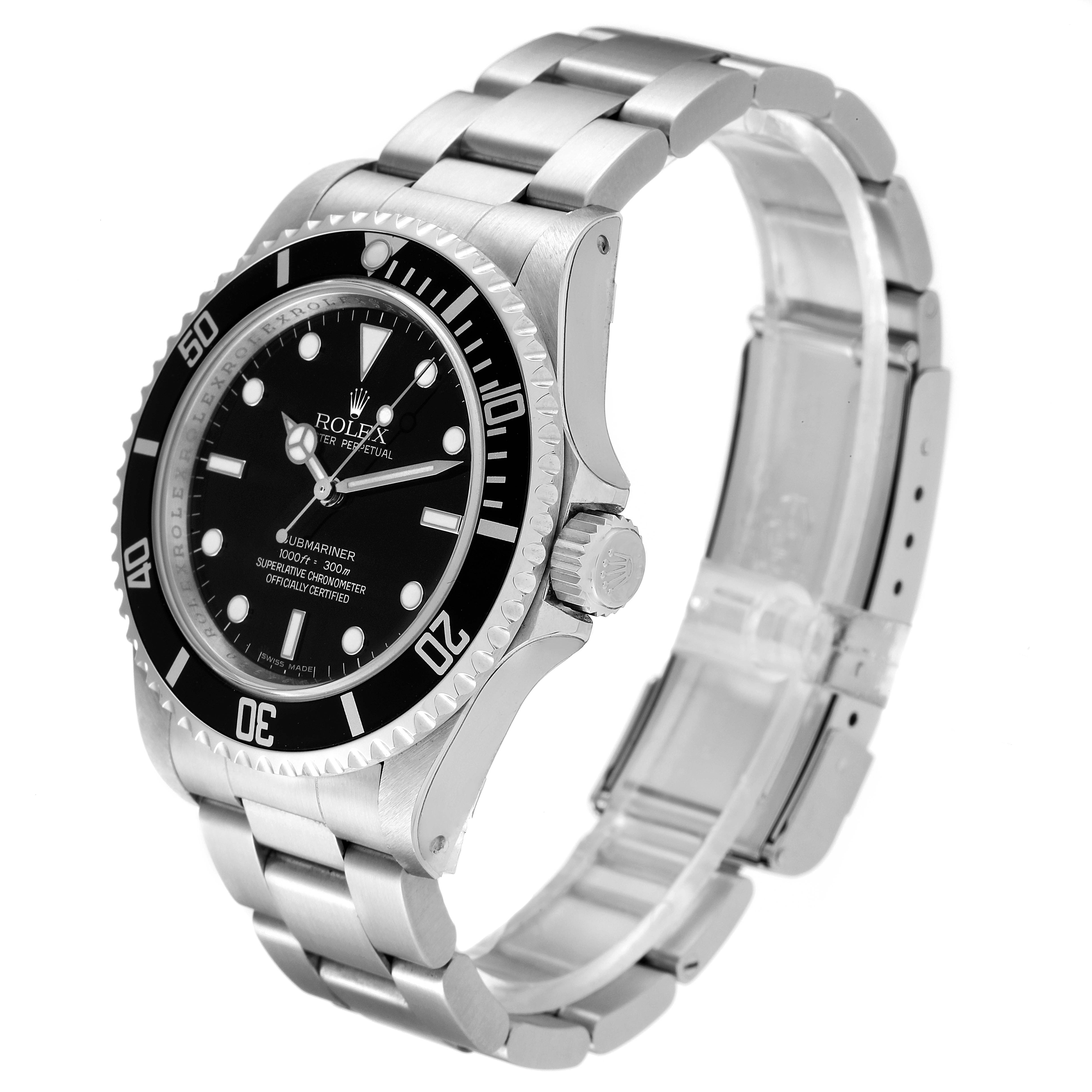 The Rolex Submariner 14060 Men's Stainless Steel Black Dial 14060 Men's Stainless Steel Black Dial watch is shown at an angled view, displaying its bezel, dial, crown, and stainless steel bracelet.