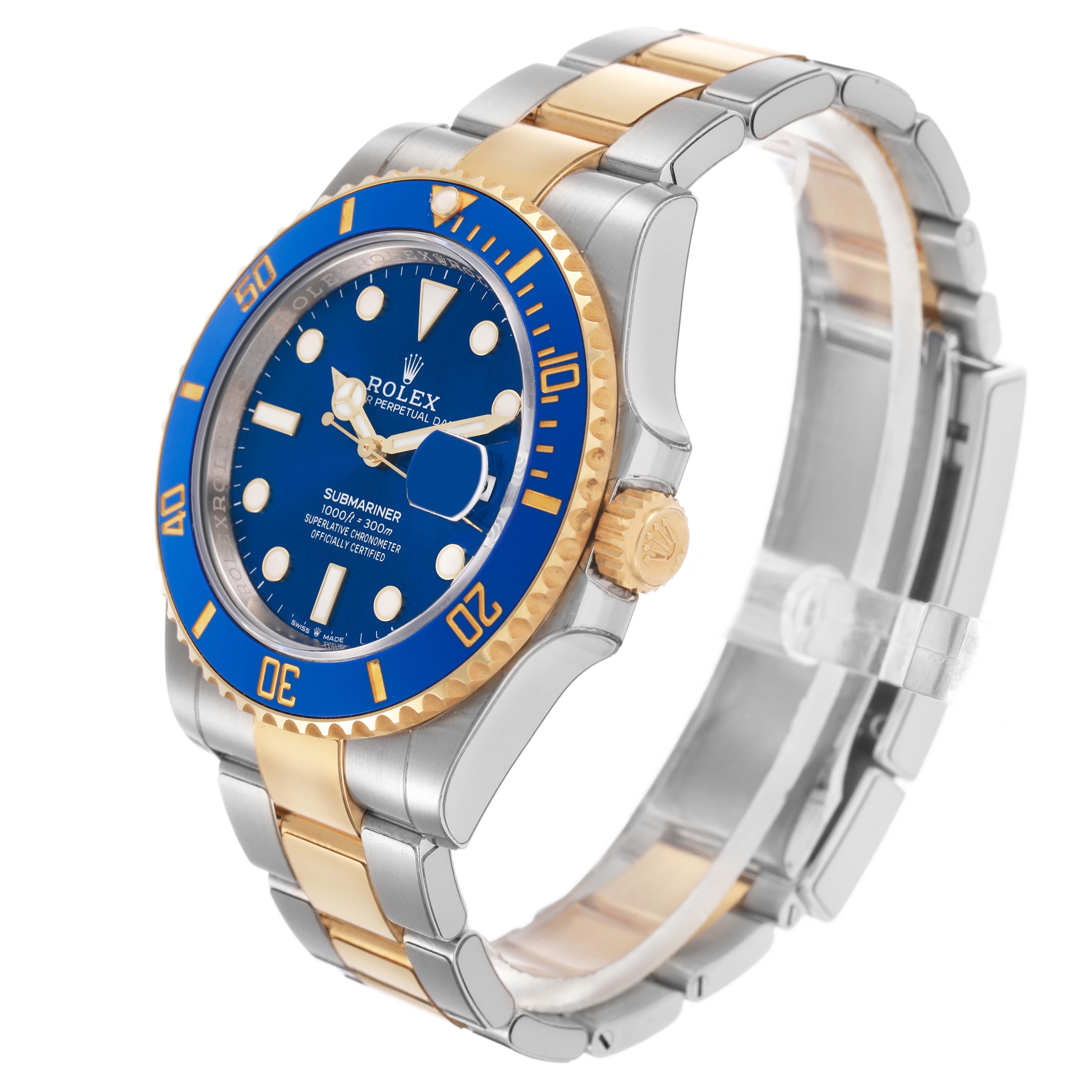The Rolex Submariner 126613LB Men's Steel and Gold (two tone) Blue Dial is shown at a three-quarter angle, displaying its face, bezel, crown, and bracelet.