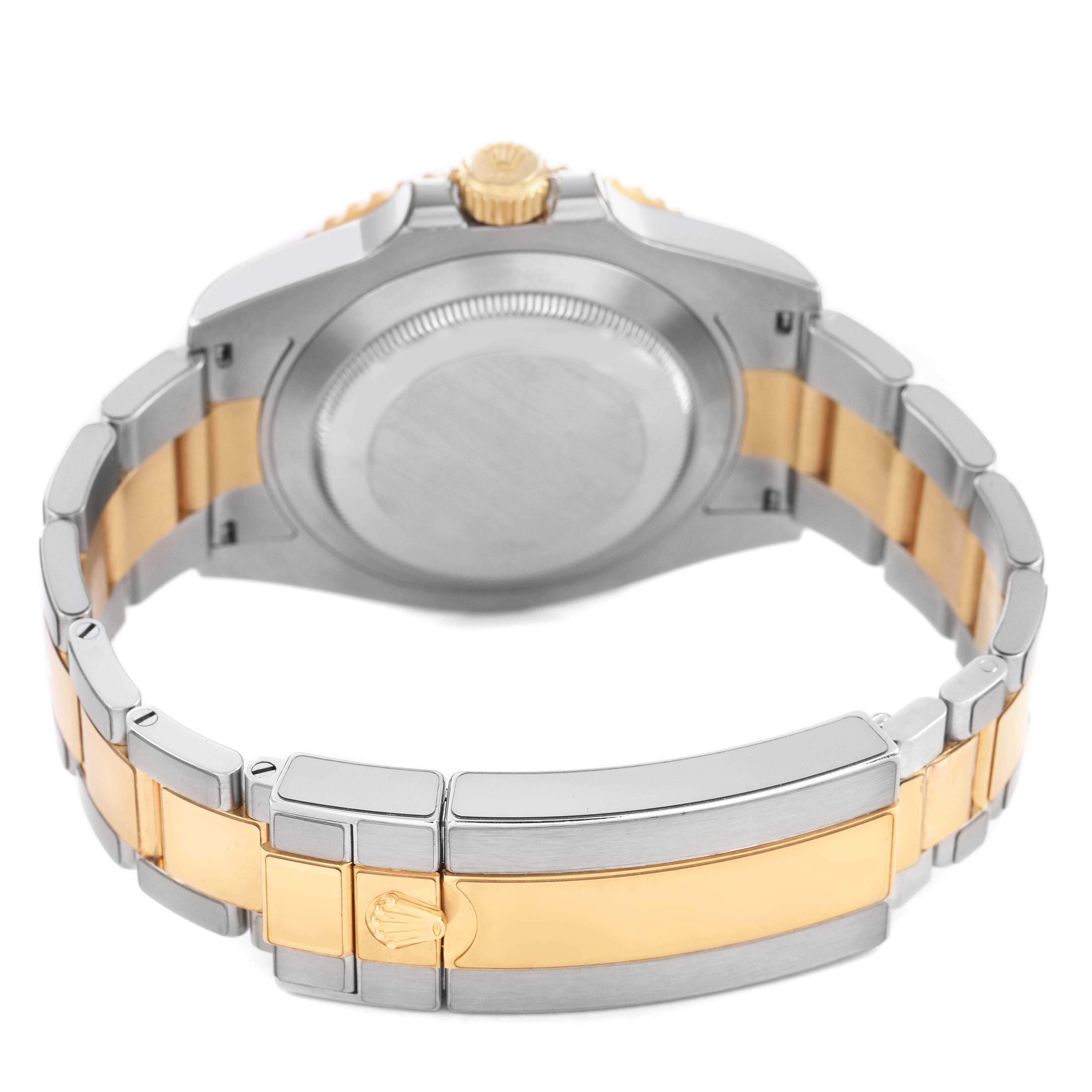 The Rolex Submariner 126613LB Men's Steel and Gold (two tone) Blue Dial watch is shown from the back, displaying the case back, crown, and two-tone bracelet.