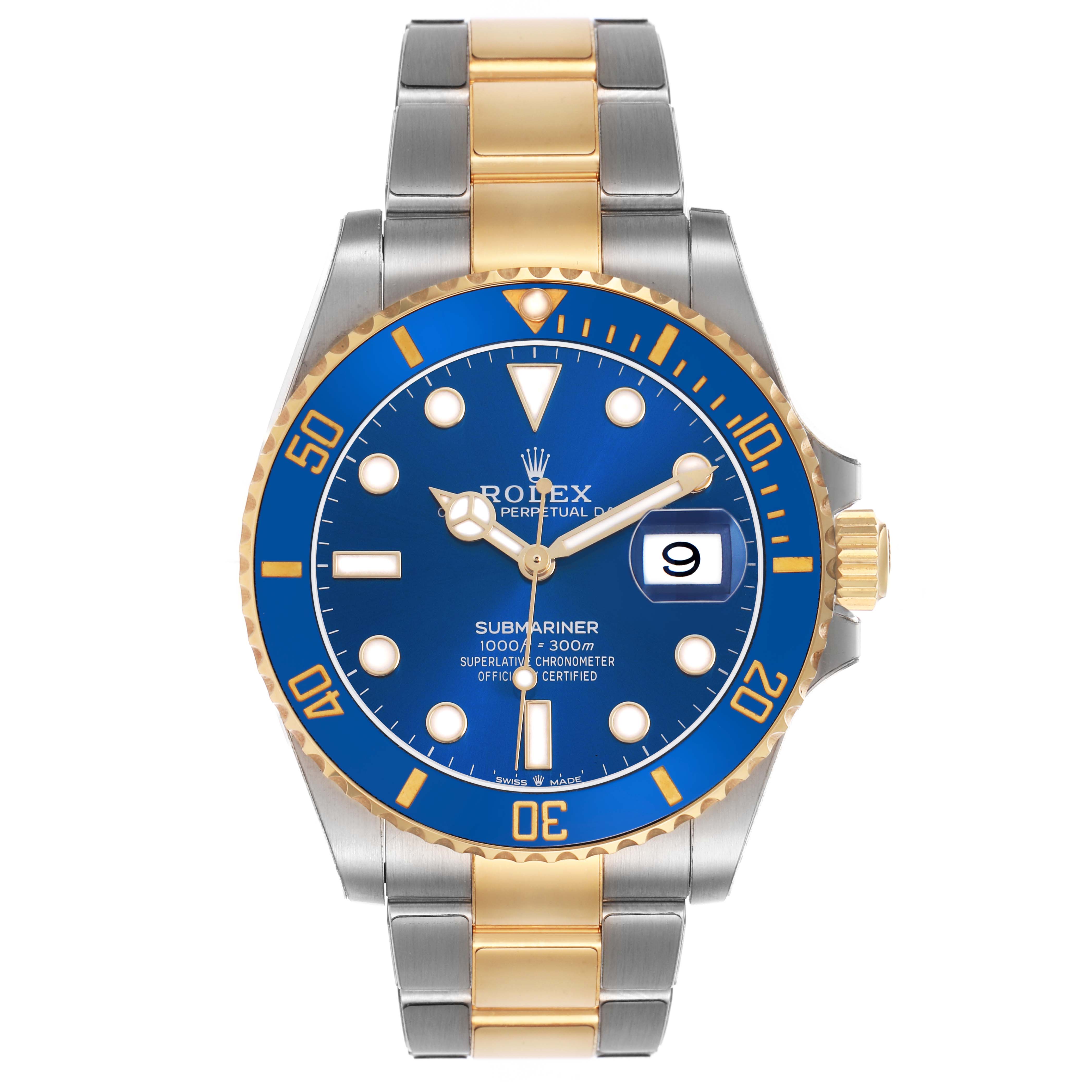 The image shows a Rolex Submariner 126613LB Men's Steel and Gold (two tone) Blue Dial watch from a front view, highlighting its blue dial, bezel, and two-tone bracelet.