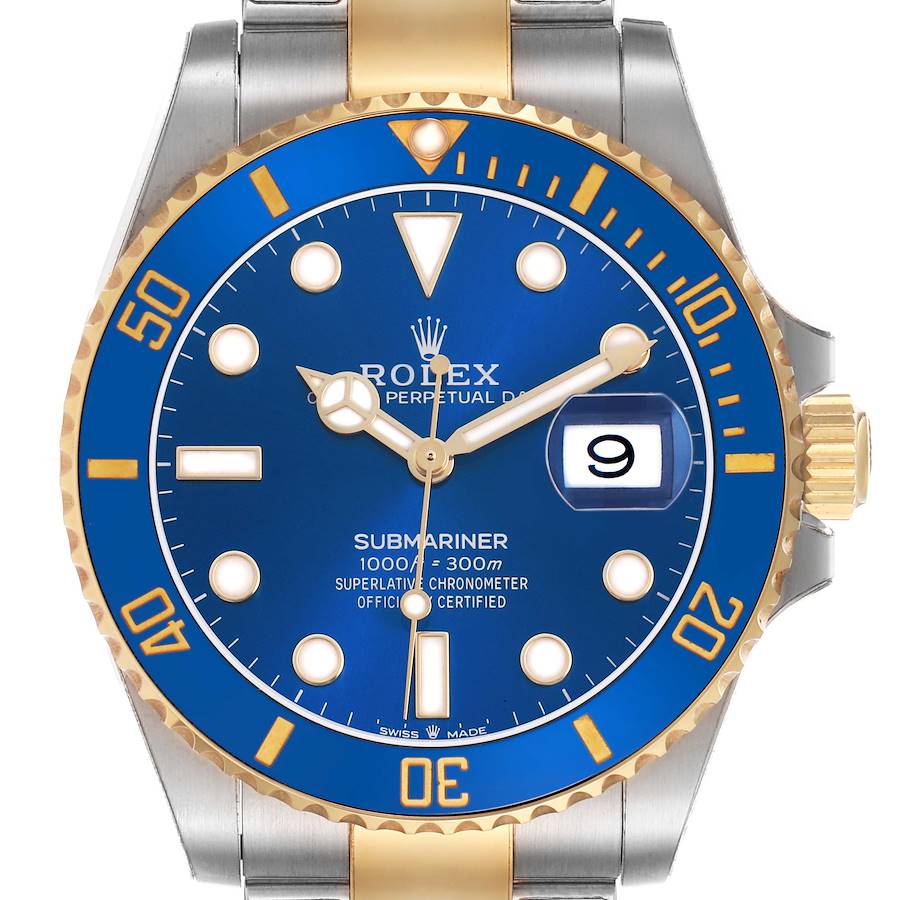 The Rolex Submariner 126613LB Men's Steel and Gold (two tone) Blue Dial is shown from the front, displaying its blue dial, bezel, and date feature.
