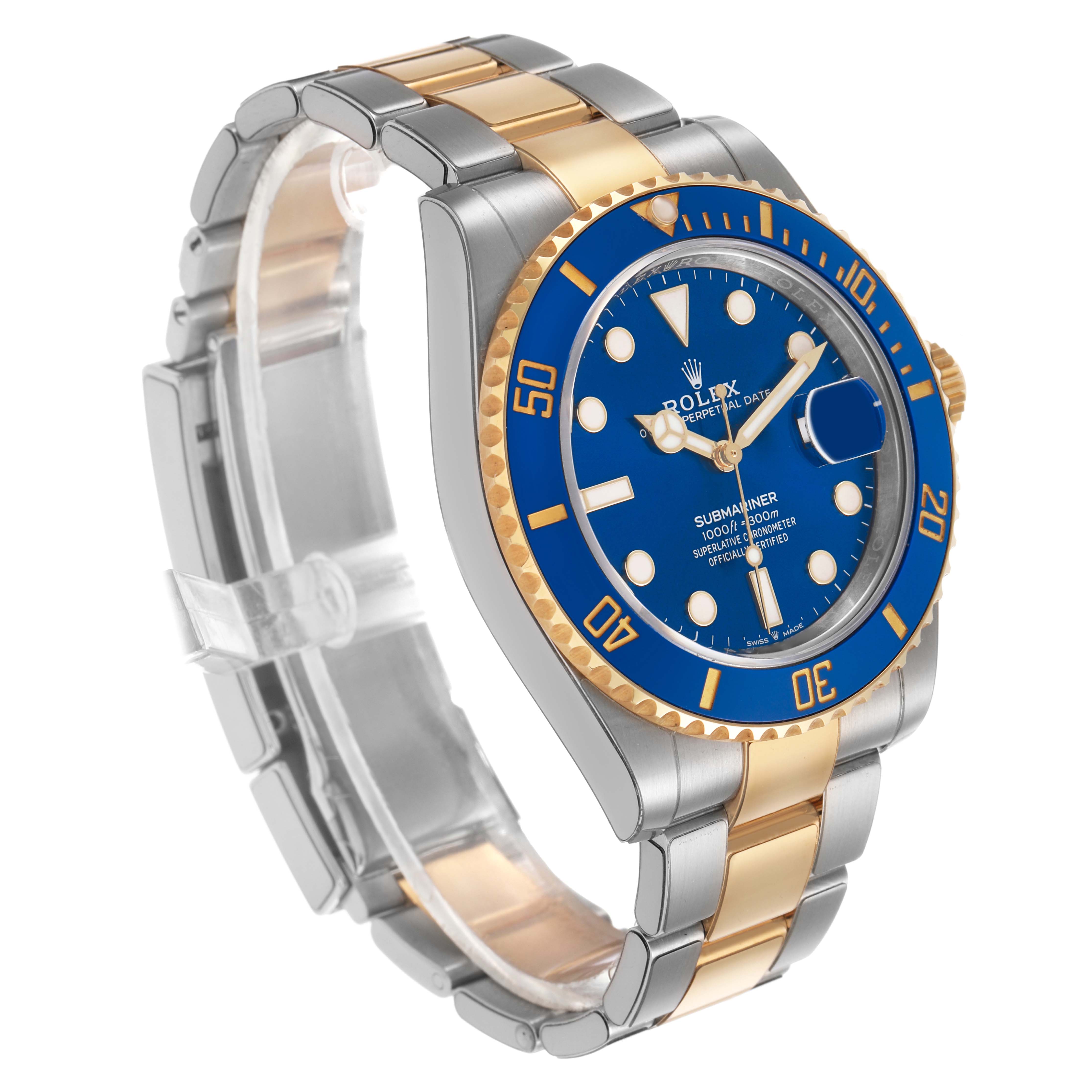 The Rolex Submariner 126613LB Men's Steel and Gold (two tone) Blue Dial watch is shown at a three-quarter angle, highlighting the blue dial, bezel, and two-tone bracelet.