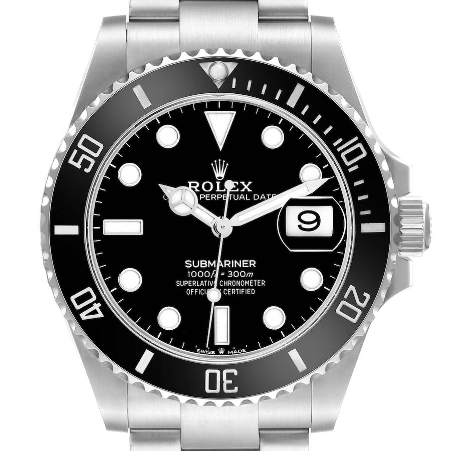 The Rolex Submariner 126610 Men's Stainless Steel Black Dial watch is shown from a front angle, highlighting the dial, bezel, crown, and part of the bracelet.