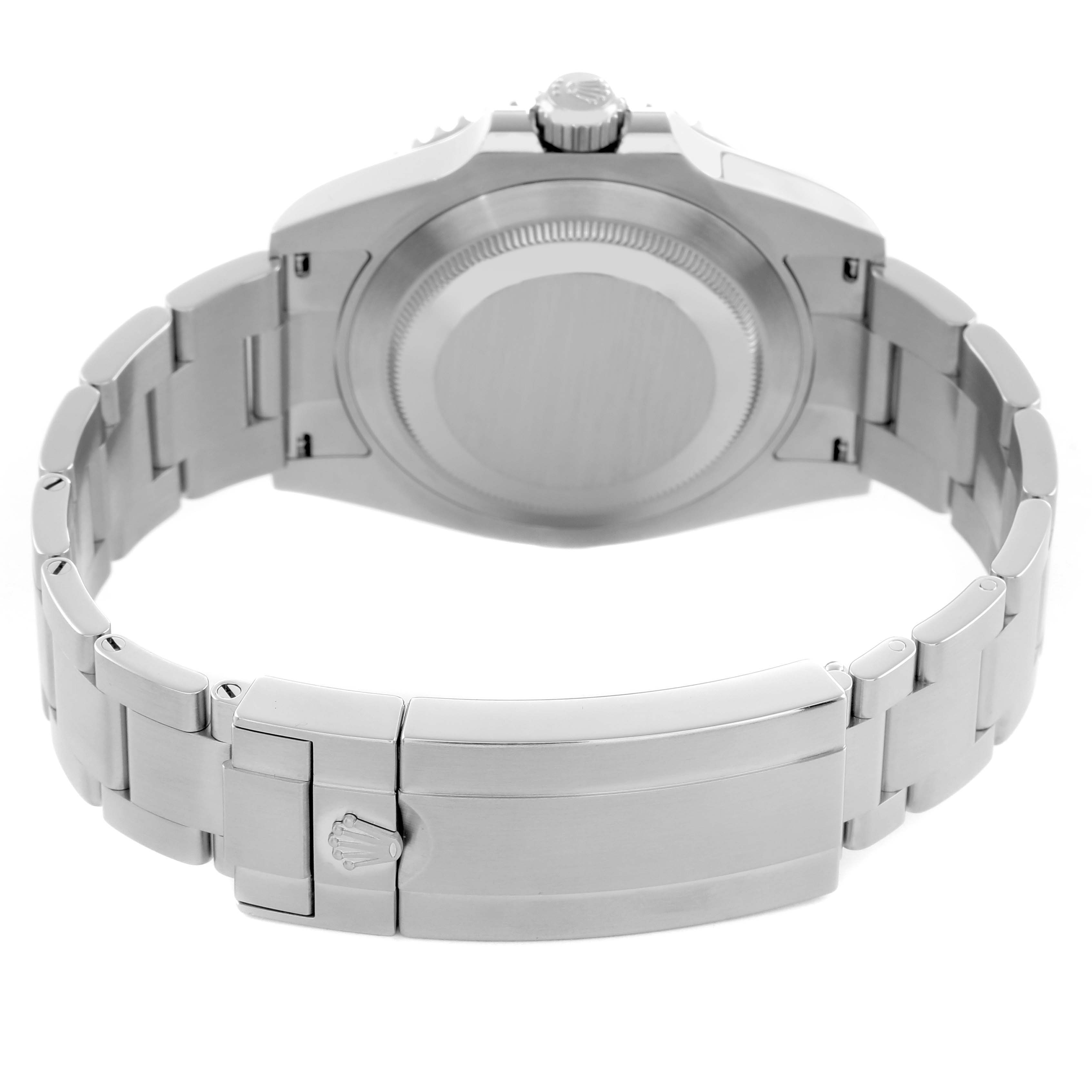 The image shows the back view of a Rolex Submariner 126610 Men
s Stainless Steel Black Dial, highlighting the case back, bracelet, and clasp.