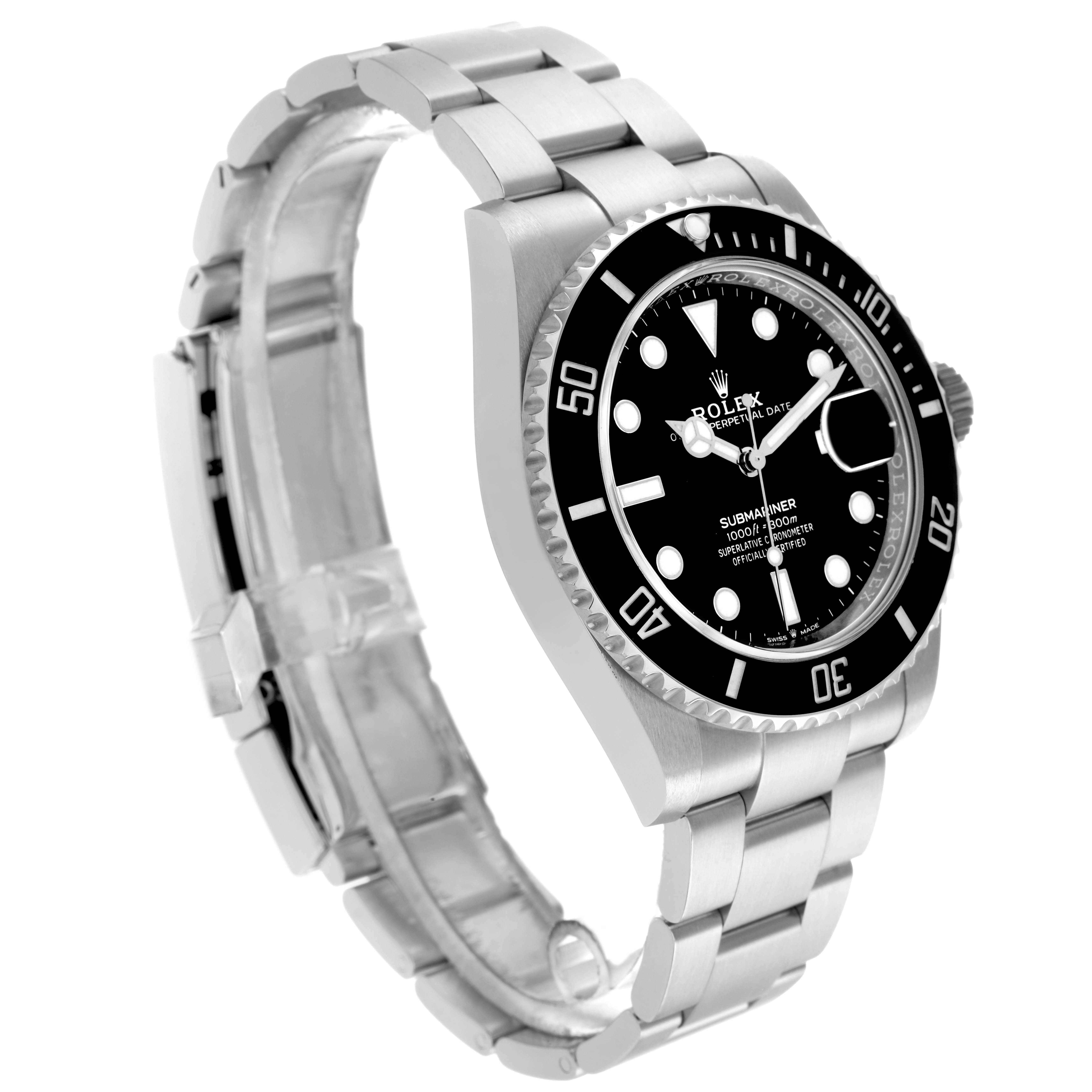 The image shows a side-angle view of the Rolex Submariner 126610 Men
s Stainless Steel Black Dial, highlighting the bezel, dial, case, and bracelet.