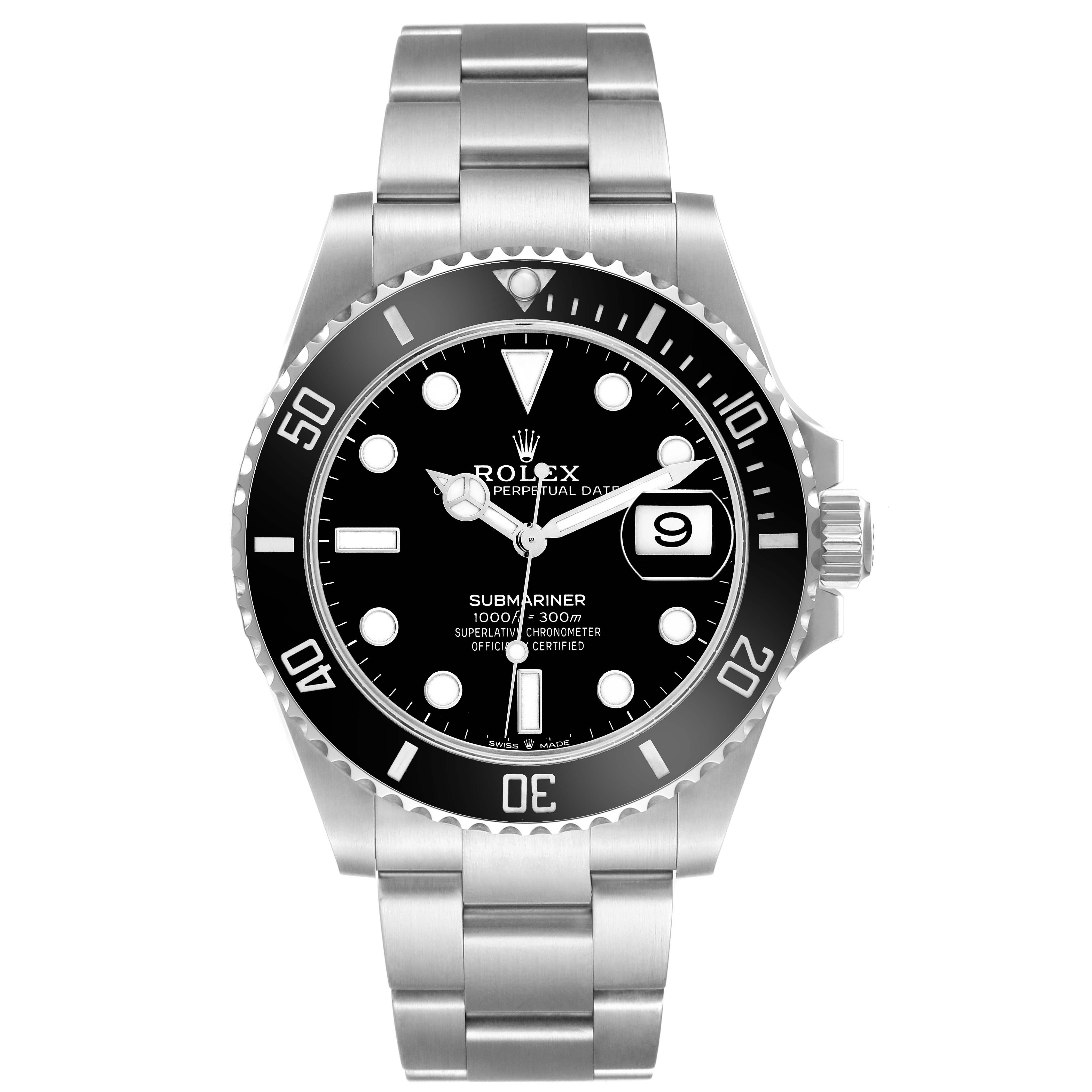 The Rolex Submariner 126610 Men
s Stainless Steel Black Dial watch is shown from the front, displaying its dial, bezel, bracelet, and crown.