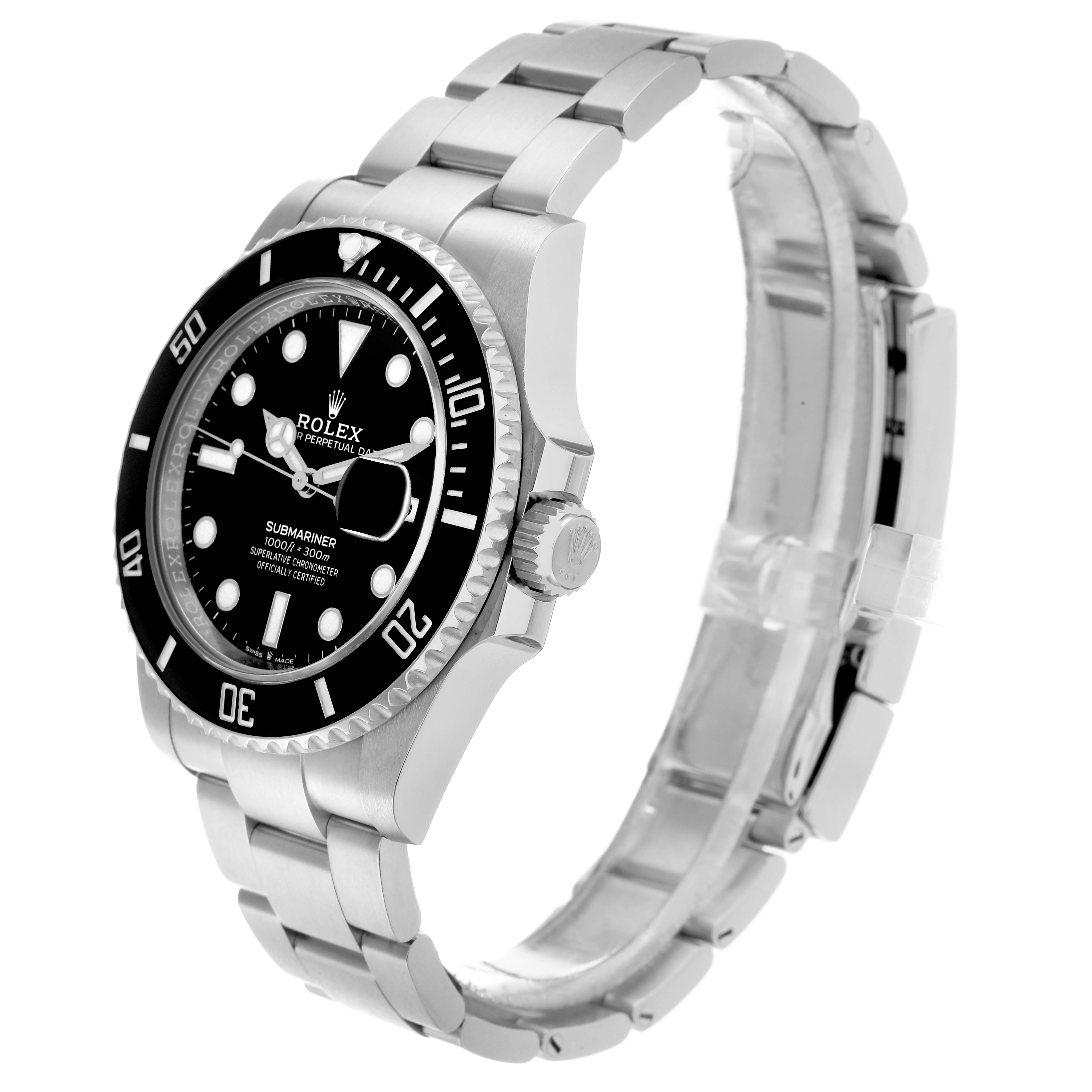 The Rolex Submariner 126610 Men
s Stainless Steel Black Dial watch is shown at a side angle, highlighting the bezel, dial, crown, and bracelet.