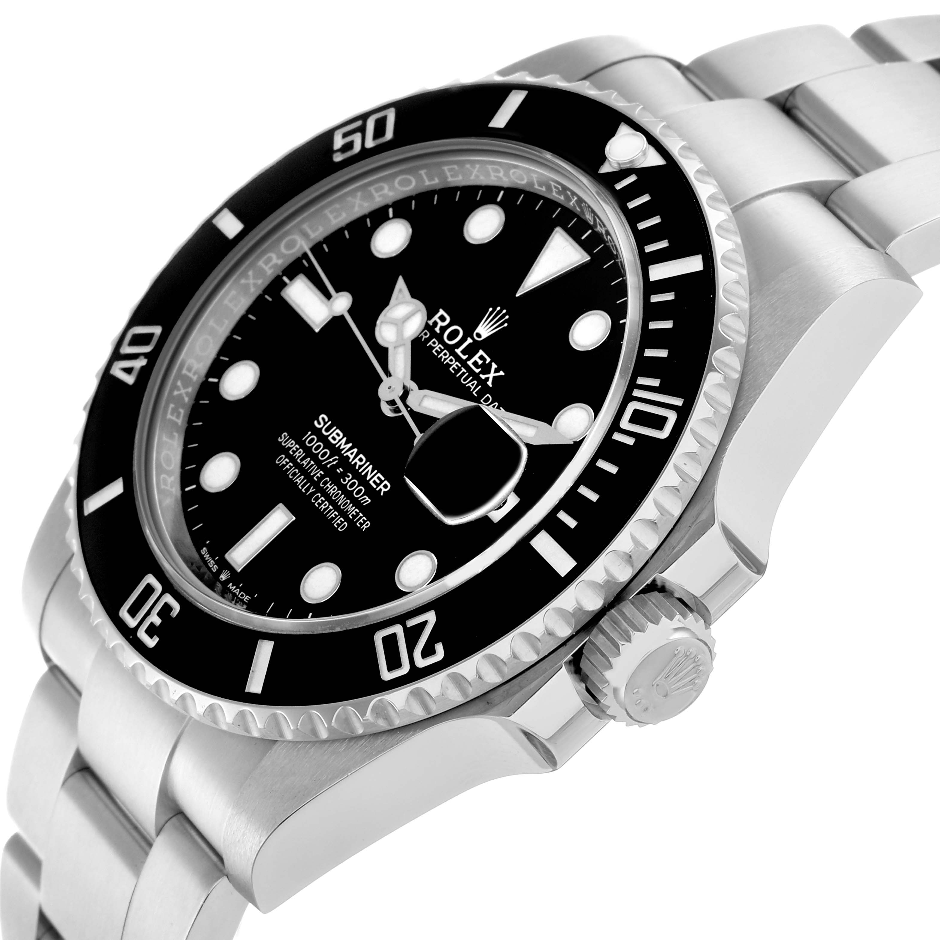 The image shows a close-up, angled view of a Rolex Submariner 126610 Men
s Stainless Steel Black Dial watch, highlighting the bezel, dial, crown, and bracelet.