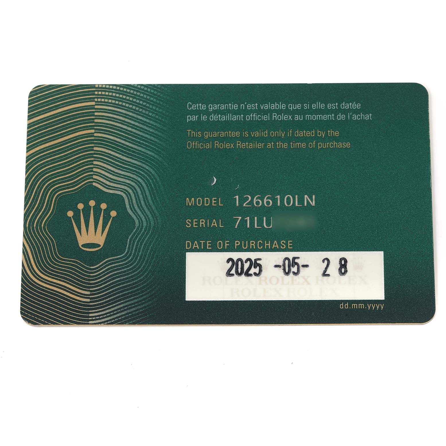 The image shows a warranty card for a Rolex Submariner 126610 Men
s Stainless Steel Black Dial model 126610LN.