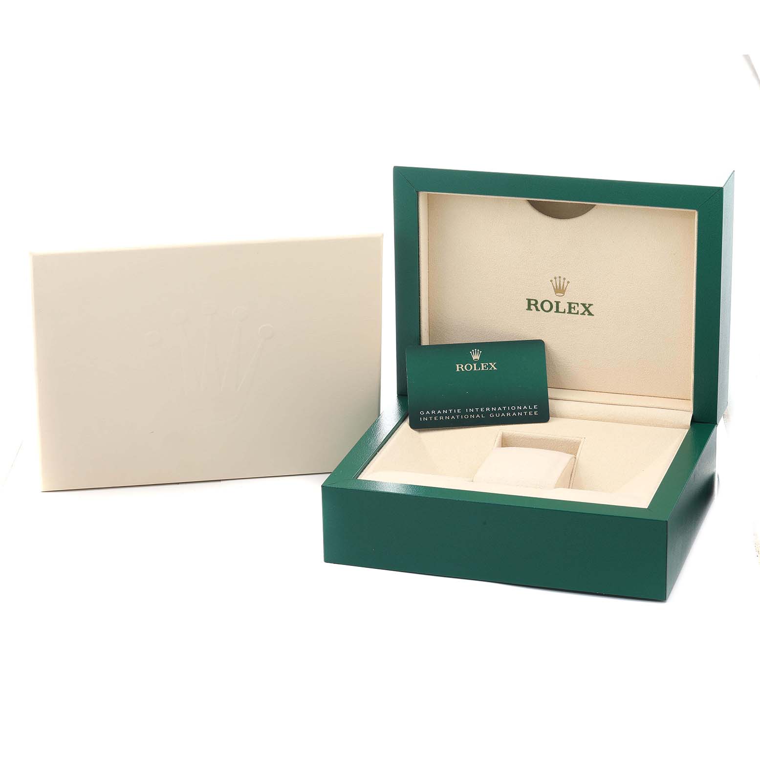 The image shows the packaging for a Rolex Submariner 126610 Men
s Stainless Steel Black Dial, including a green box and warranty card, viewed from the front.