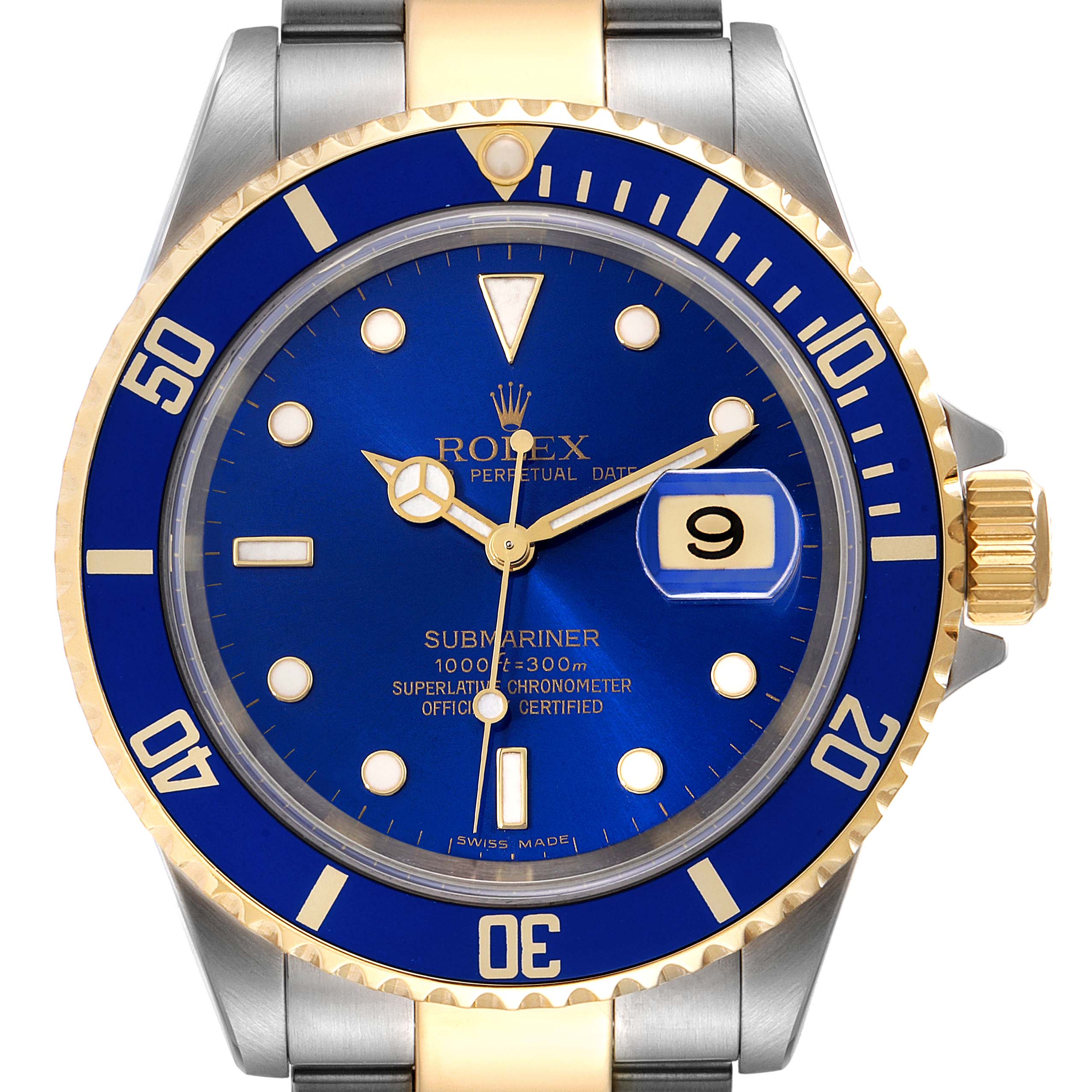 The image shows a front view of a Rolex Submariner 16613 Men's Steel and Gold (two tone) Blue Dial 16613 Men's Steel and Gold (two tone) Blue Dial watch, highlighting its blue dial, gold accents, and date window at 3 o'clock.