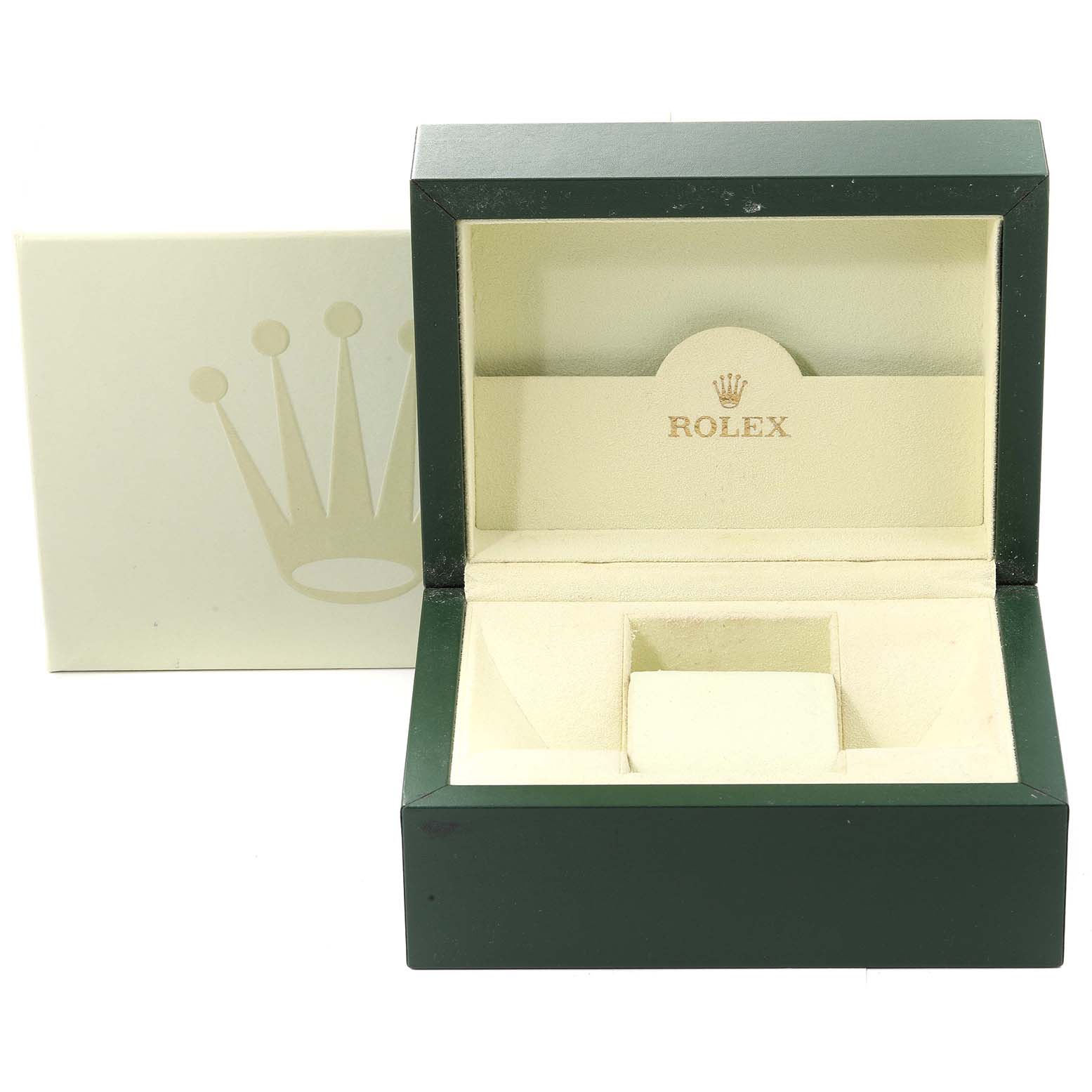 The image shows an open Rolex Submariner 16613 Men's Steel and Gold (two tone) Blue Dial 16613 Men's Steel and Gold (two tone) Blue Dial watch box from a front angle, revealing the interior with branding.