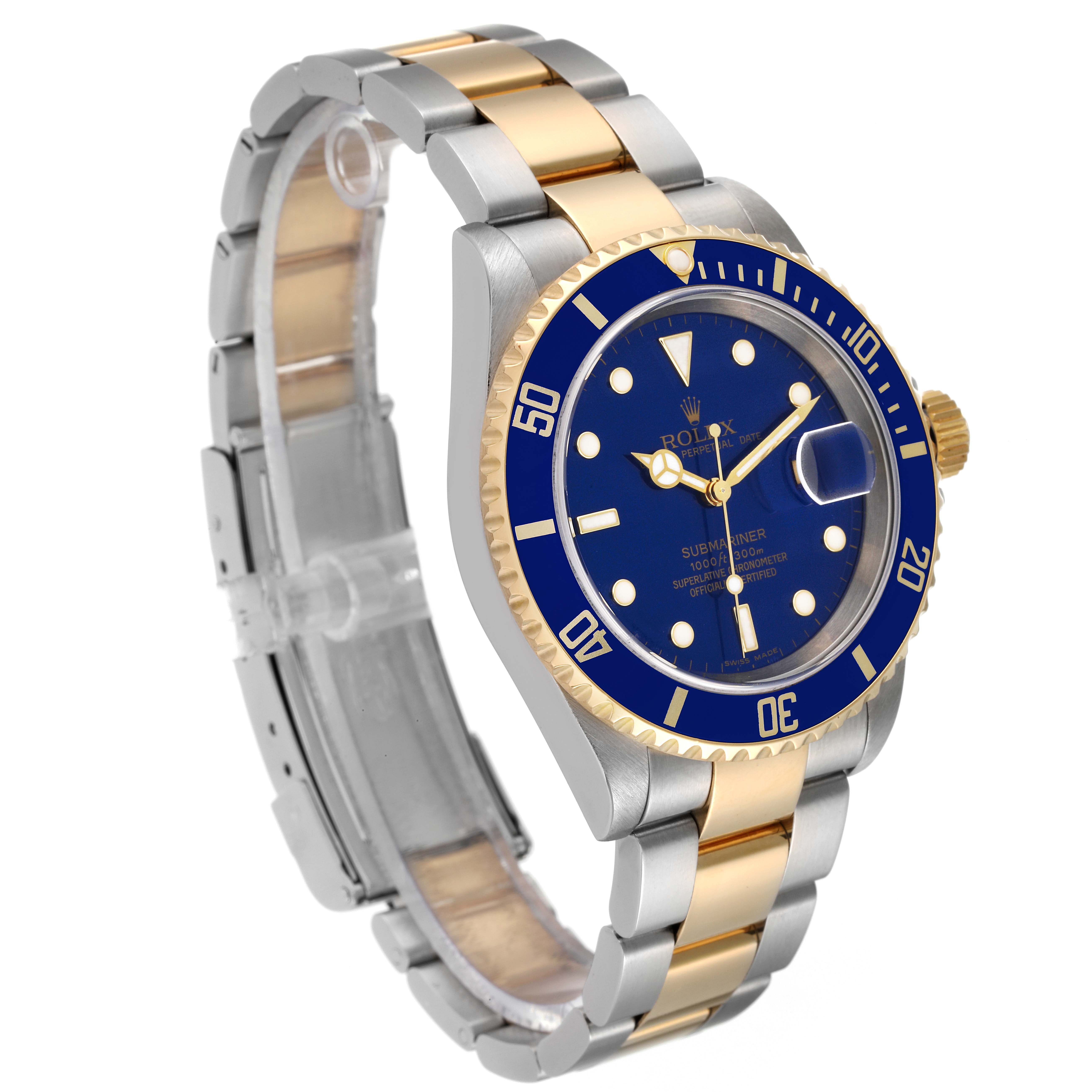 The Rolex Submariner 16613 Men's Steel and Gold (two tone) Blue Dial 16613 Men's Steel and Gold (two tone) Blue Dial watch is shown at a 3/4 angle, displaying its blue dial, gold and silver bracelet, and bezel.