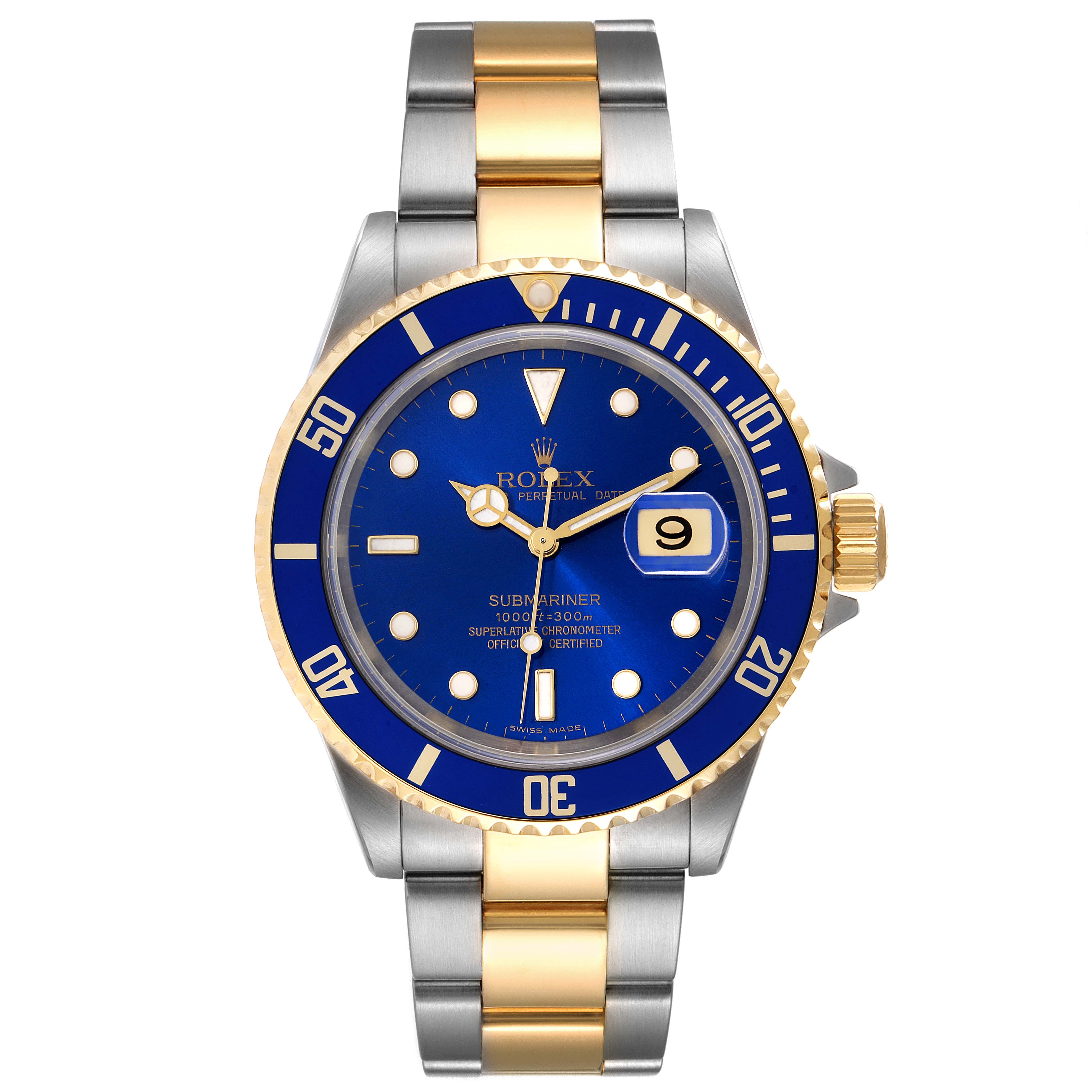 This image shows a Rolex Submariner 16613 Men's Steel and Gold (two tone) Blue Dial 16613 Men's Steel and Gold (two tone) Blue Dial watch from the front, highlighting its blue and gold bezel, dial, and bracelet.