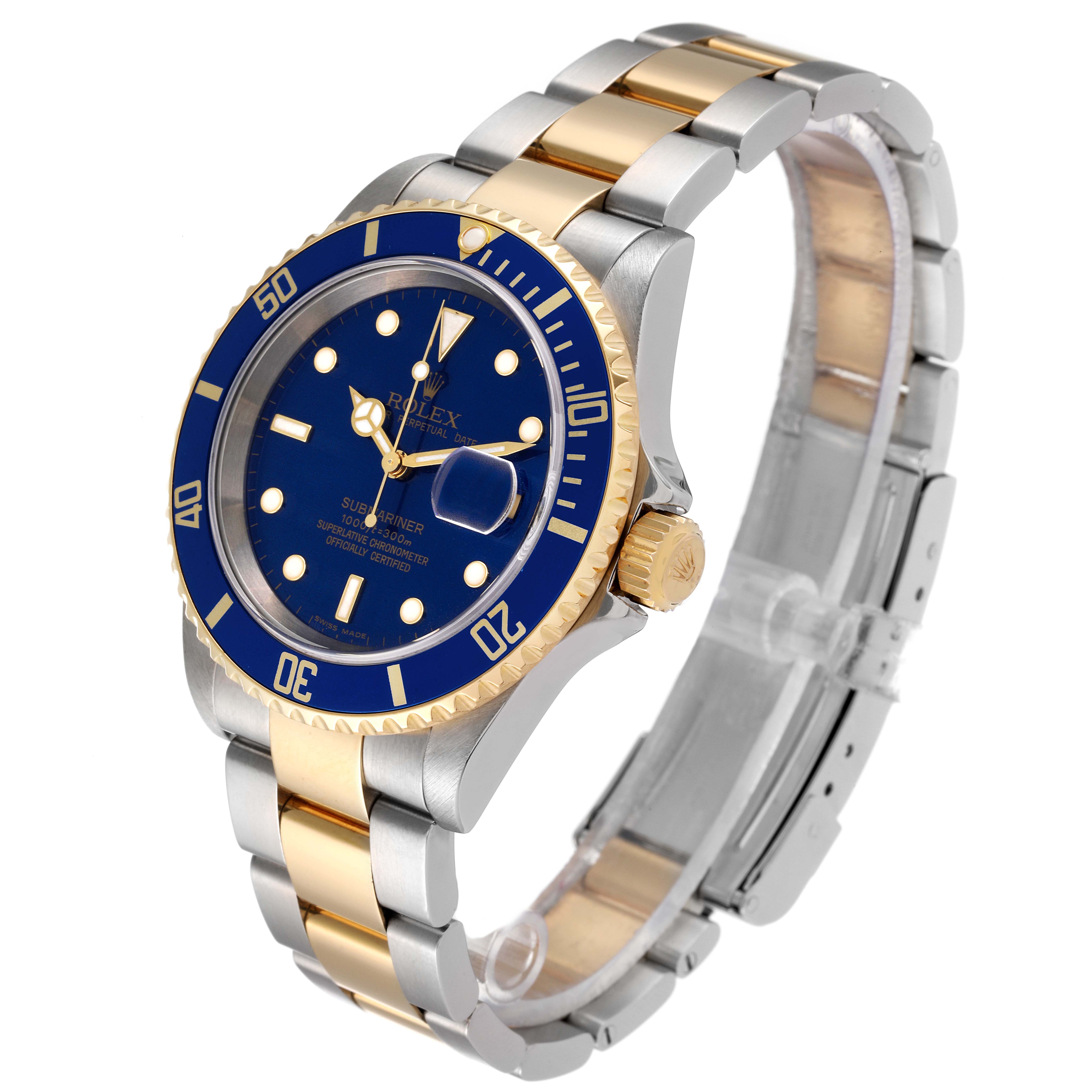 The Rolex Submariner 16613 Men's Steel and Gold (two tone) Blue Dial 16613 Men's Steel and Gold (two tone) Blue Dial watch is shown at an angle highlighting its face, bezel, and bracelet, showcasing its gold and stainless steel design.