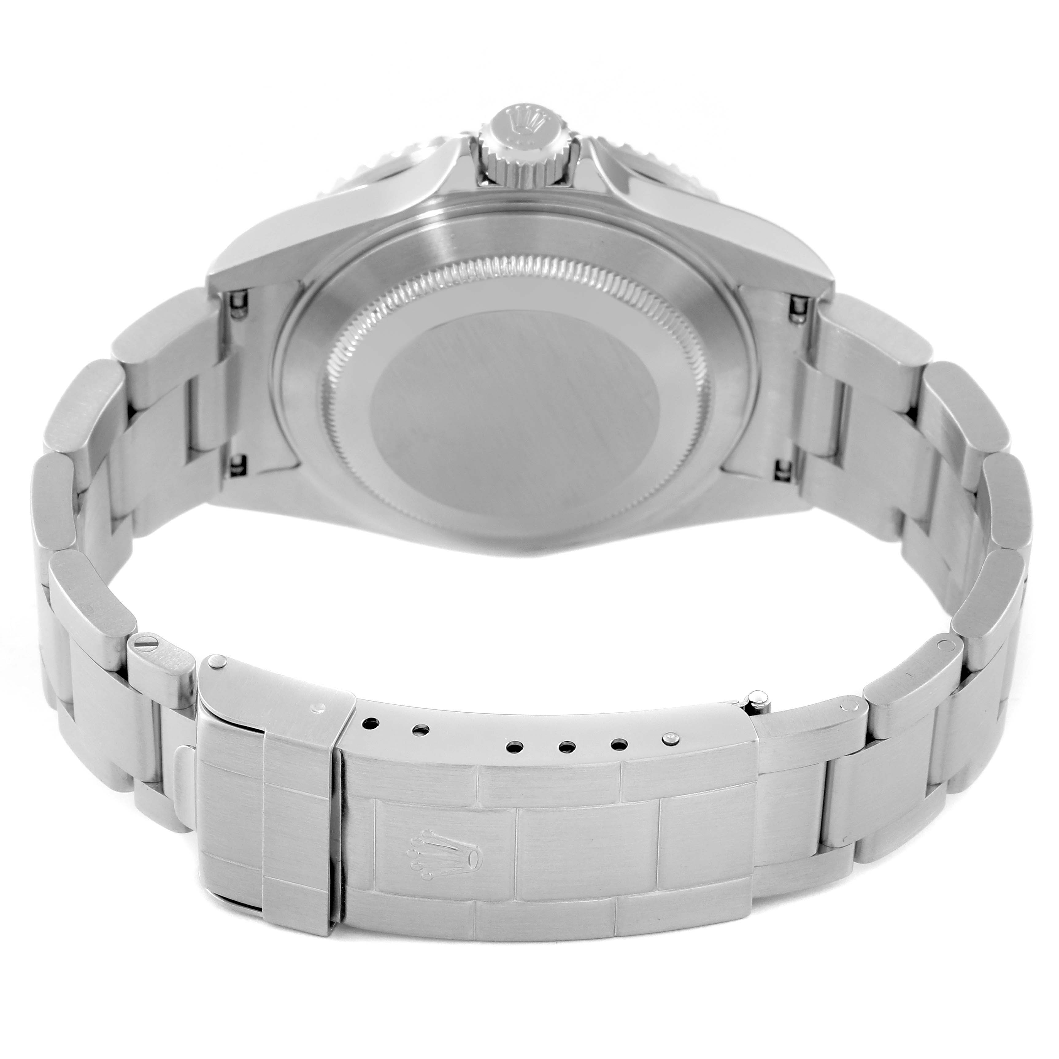 This image shows the back view of a Rolex Submariner 16610 Men
s Stainless Steel Black Dial 16610 Men
s Stainless Steel Black Dial watch, highlighting the stainless steel case, bracelet, and clasp.