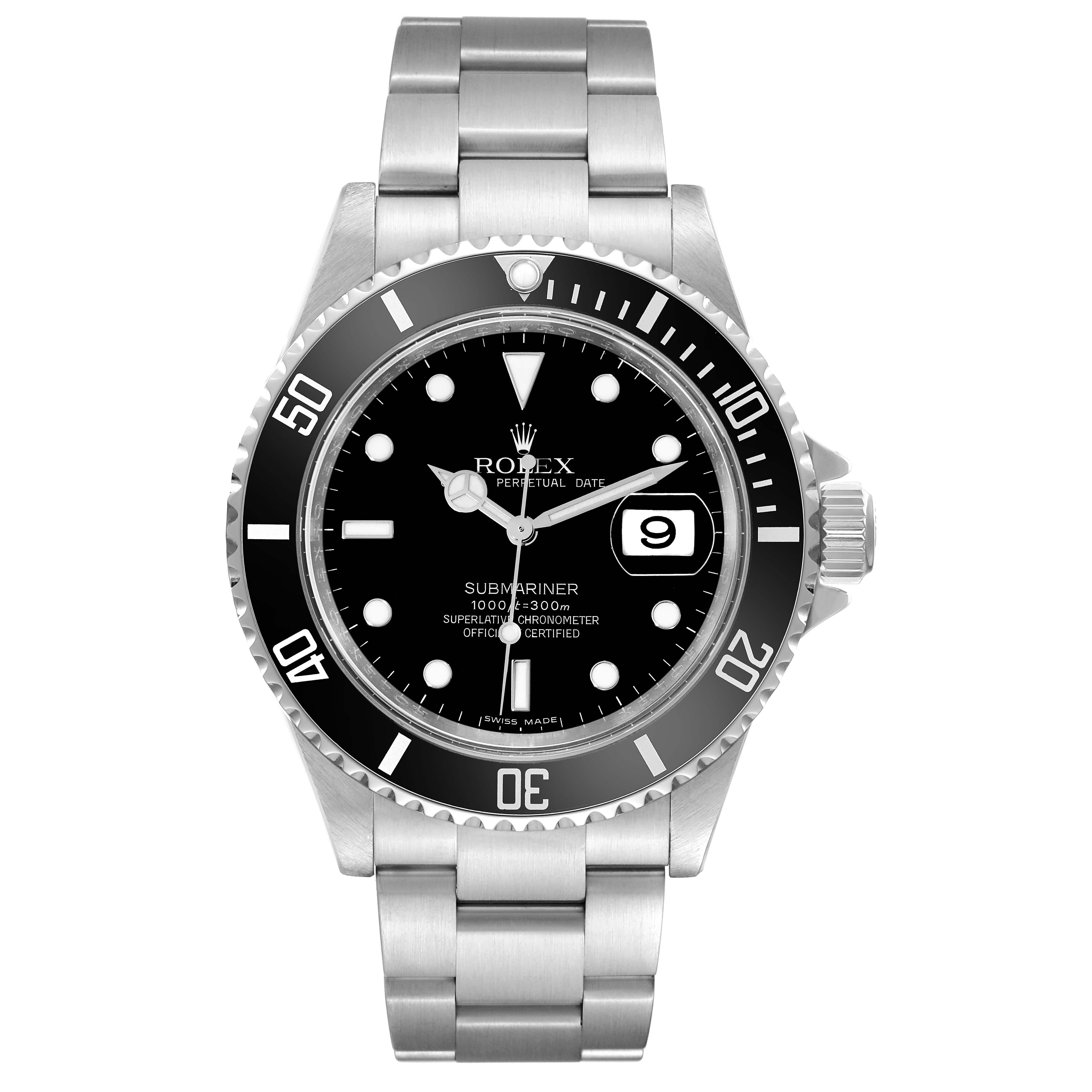 This image shows a front view of the Rolex Submariner 16610 Men
s Stainless Steel Black Dial 16610 Men
s Stainless Steel Black Dial watch, displaying its dial, bezel, crown, and bracelet.