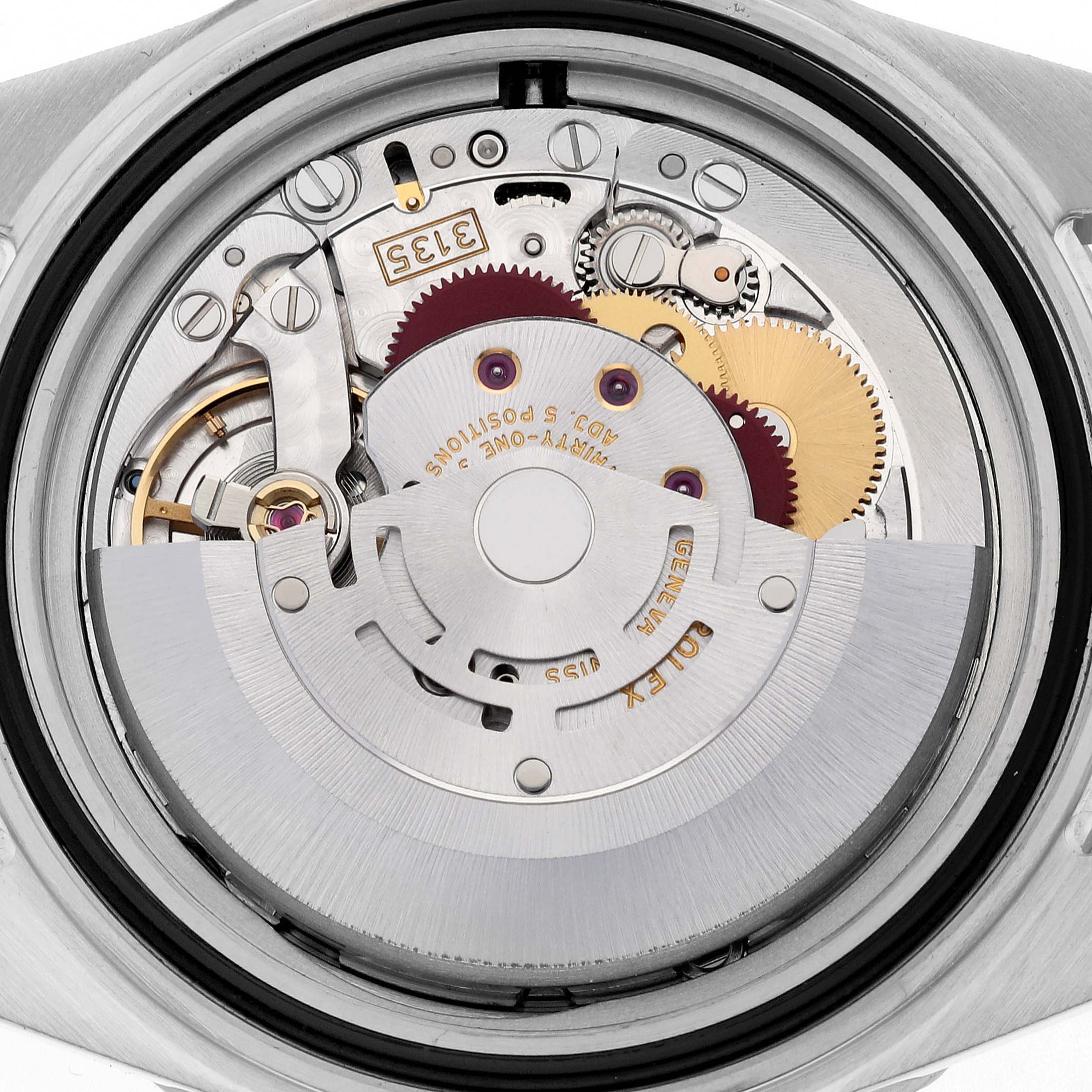 This image shows the internal movement mechanism of a Rolex Submariner 16610 Men
s Stainless Steel Black Dial 16610 Men
s Stainless Steel Black Dial watch from a top-down angle.