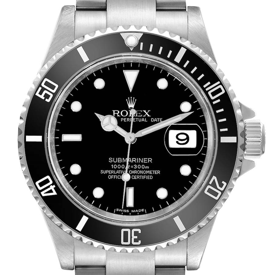 This image shows a front view of a Rolex Submariner watch, highlighting its bezel, dial, bracelet, and date window.