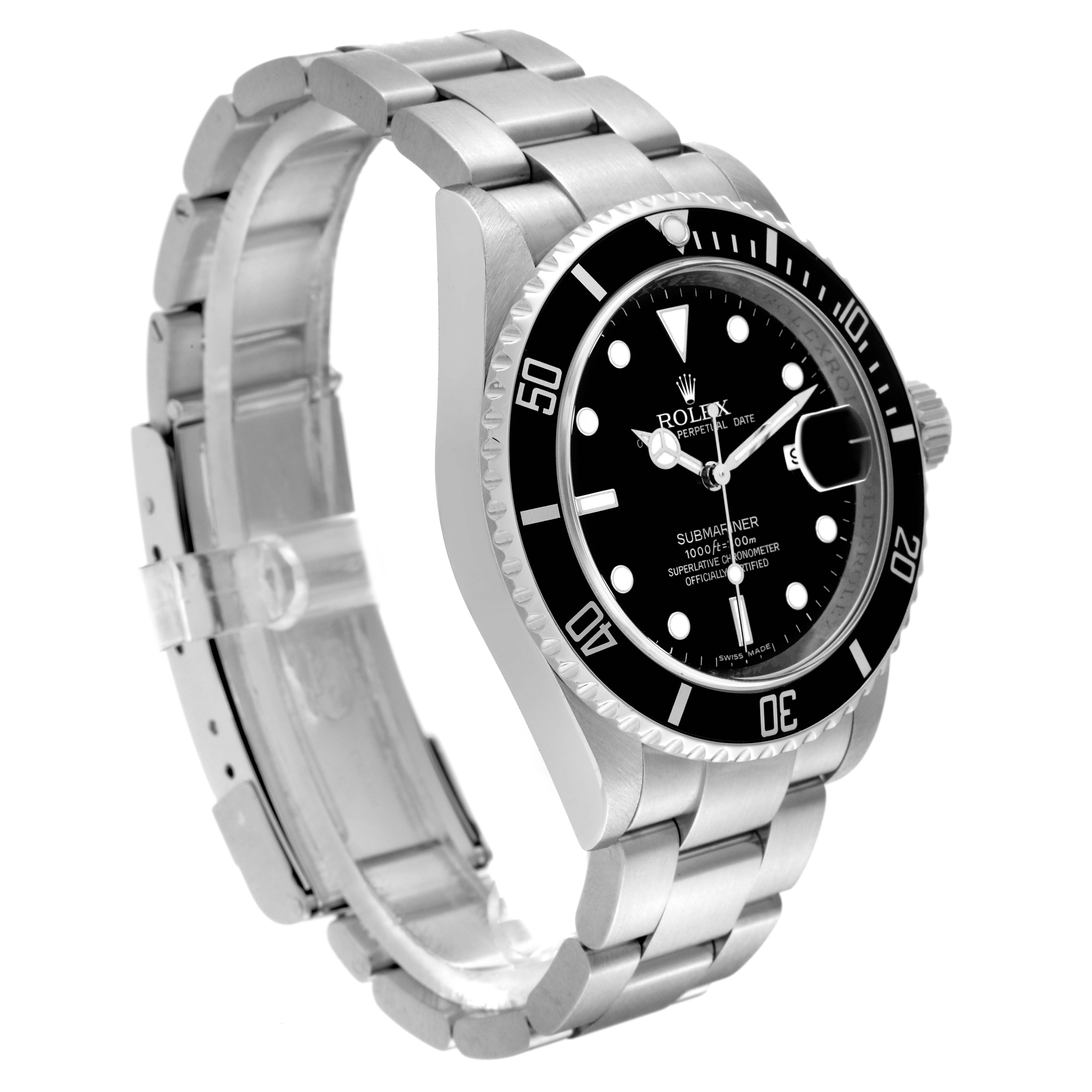 This image shows a side view of a Rolex Submariner 16610 Men
s Stainless Steel Black Dial 16610 Men
s Stainless Steel Black Dial watch, highlighting the bracelet, bezel, and face with markers.