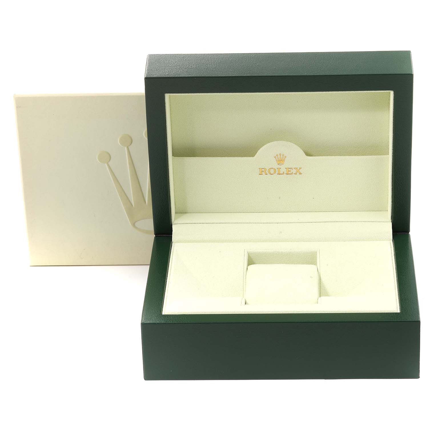 The image shows an open green Rolex box for the Submariner model, revealing cream-colored interior padding.