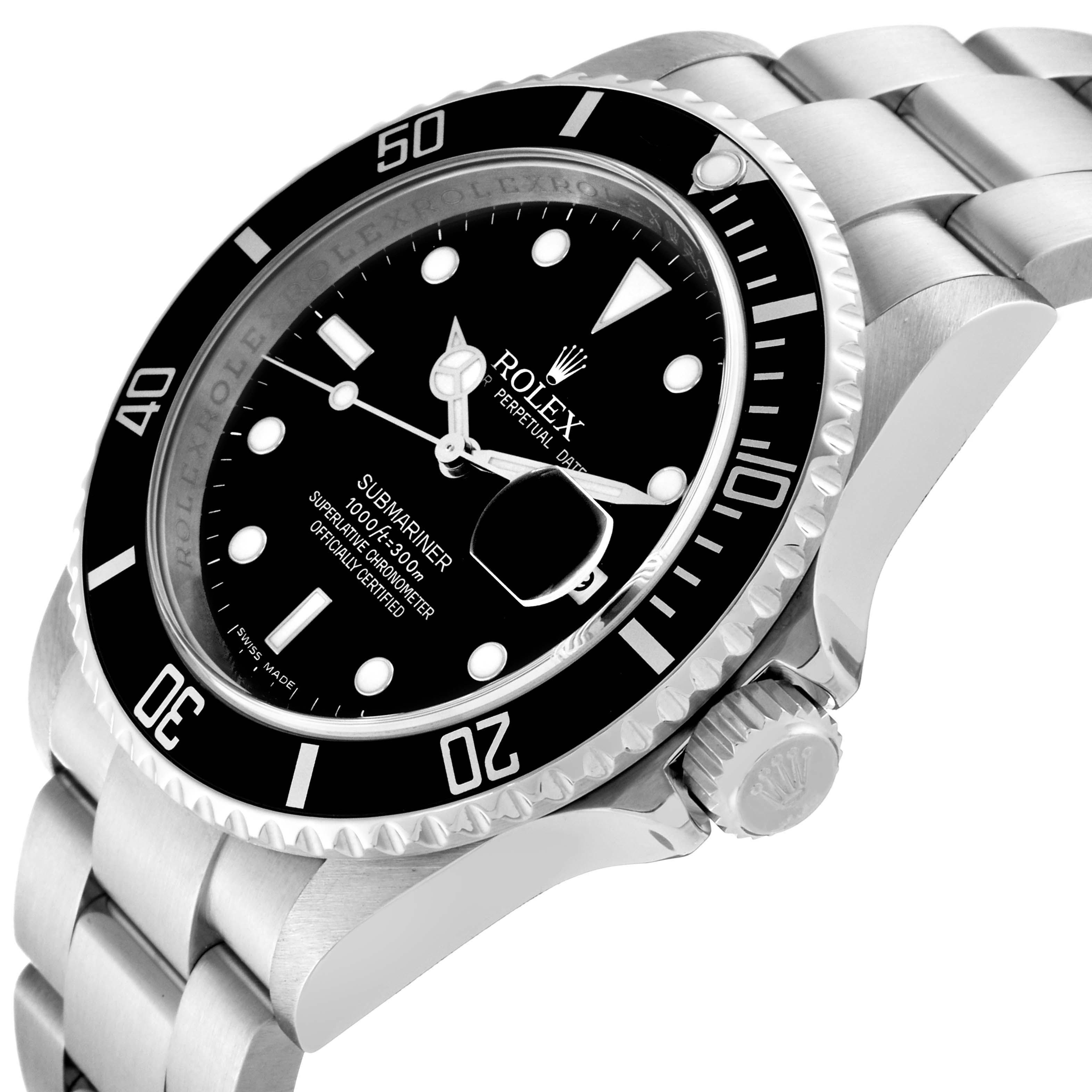 The image shows a Rolex Submariner 16610 Men
s Stainless Steel Black Dial 16610 Men
s Stainless Steel Black Dial watch from a 3/4 angle, highlighting the dial, bezel, crown, and part of the bracelet.